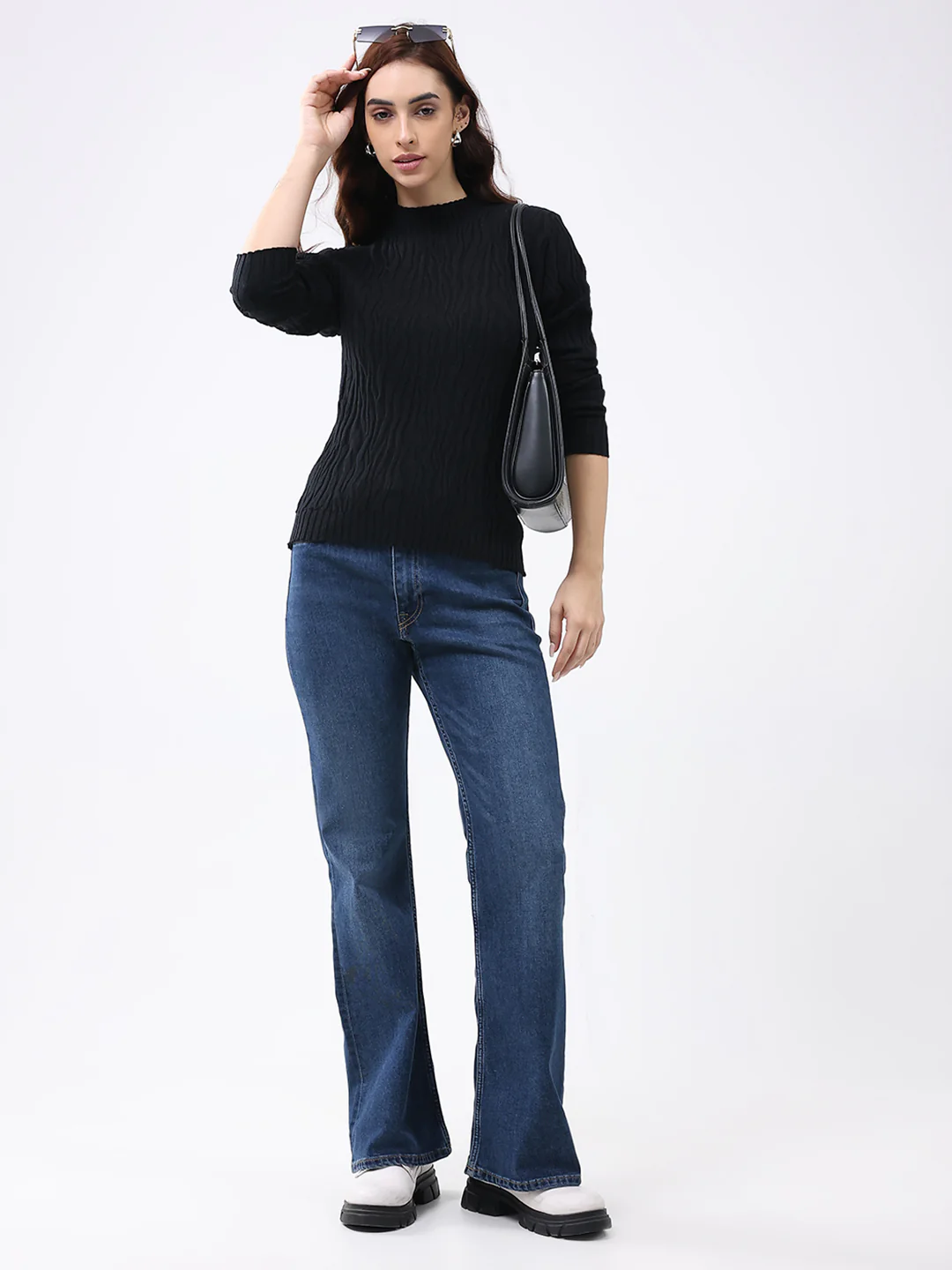 Women Black Self Design Round Neck Full Sleeve Winter Top - Image 2