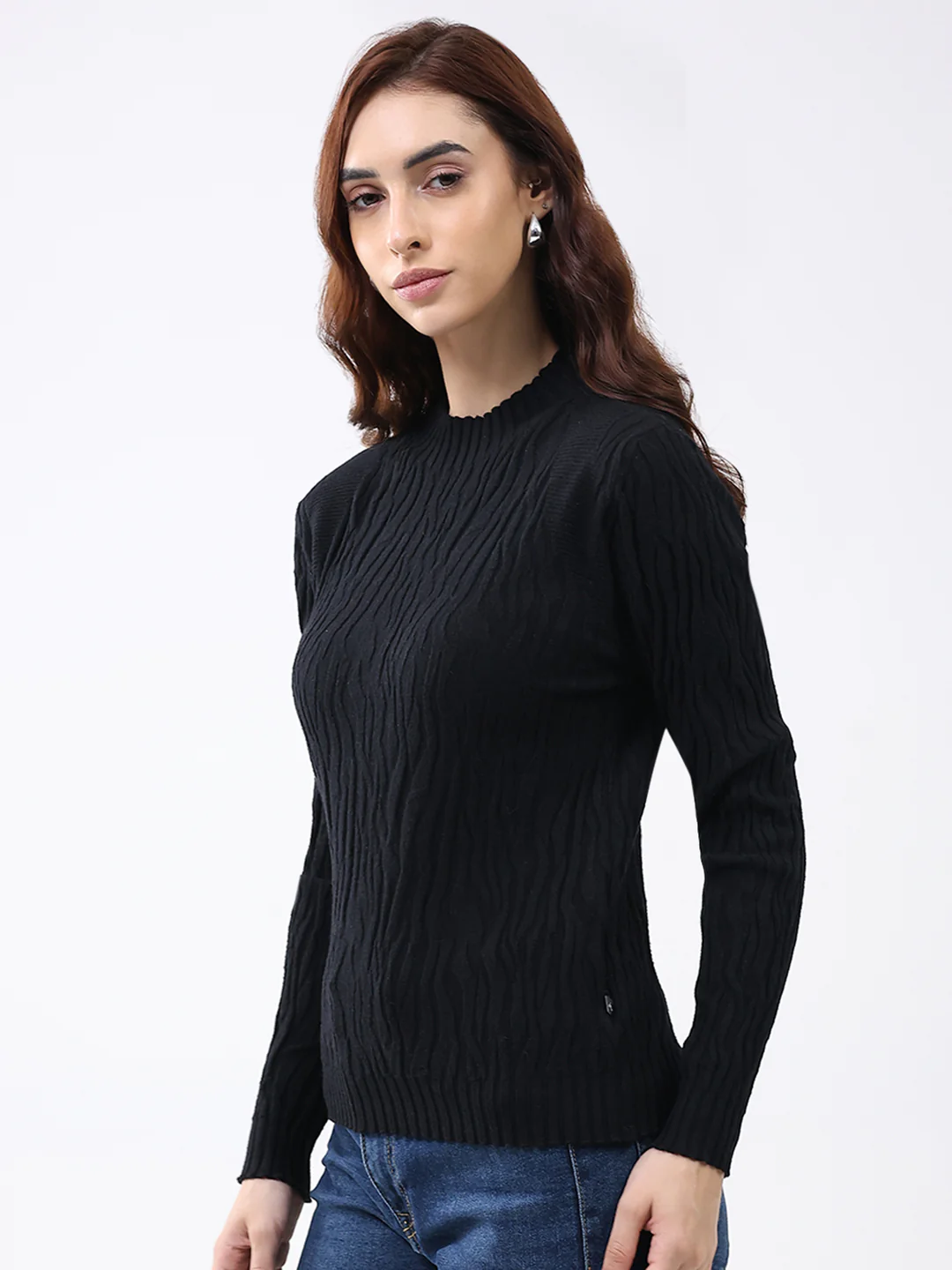 Women Black Self Design Round Neck Full Sleeve Winter Top - Image 3
