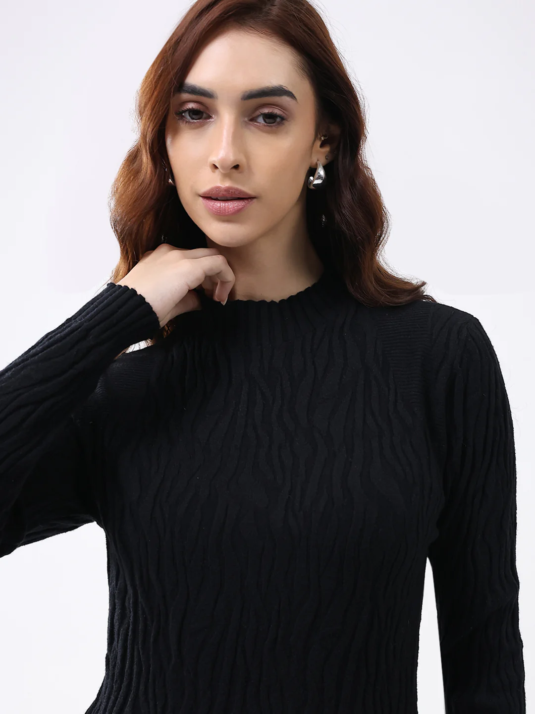 Women Black Self Design Round Neck Full Sleeve Winter Top - Image 6