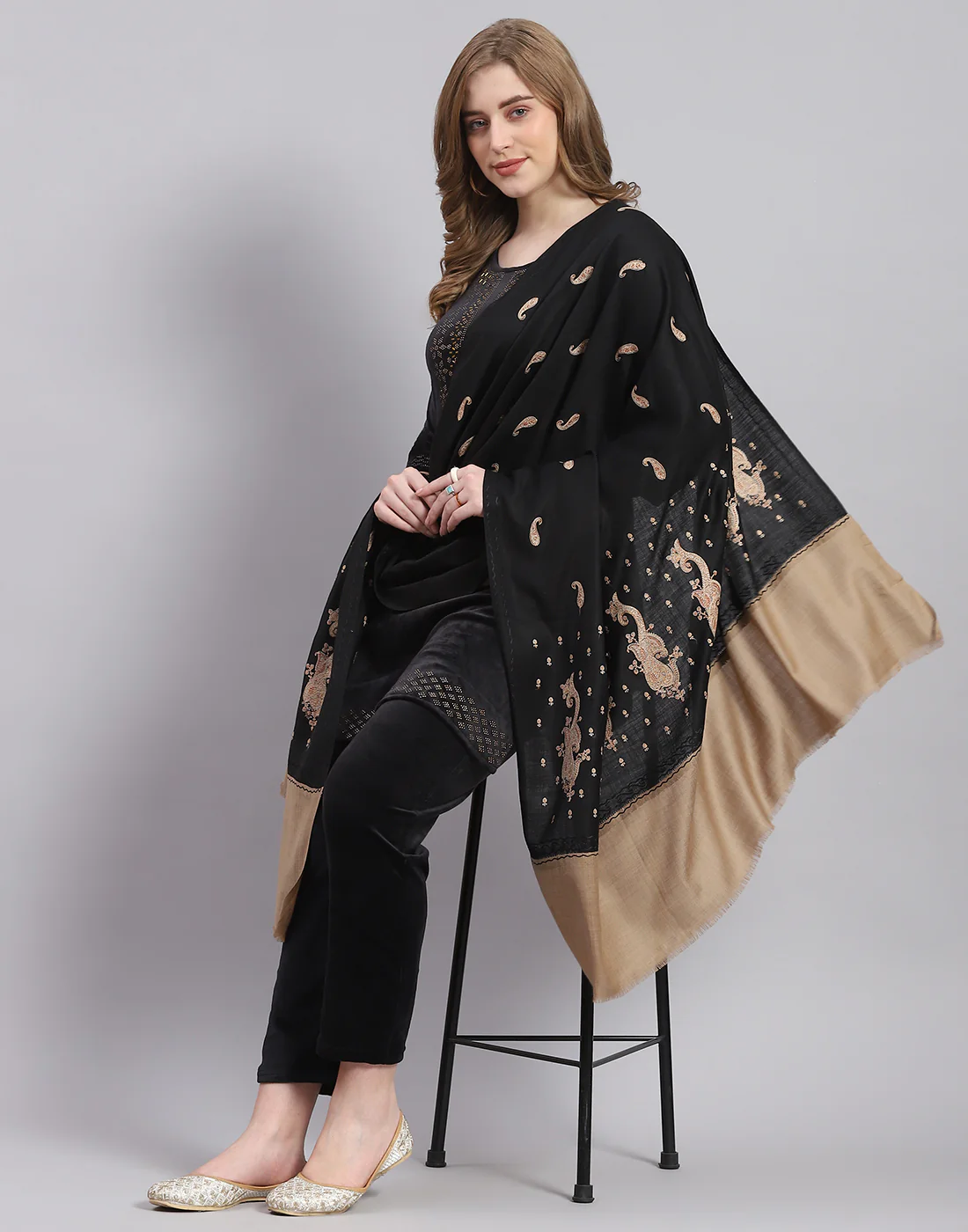 Women Black Self Design Shawl - Image 2