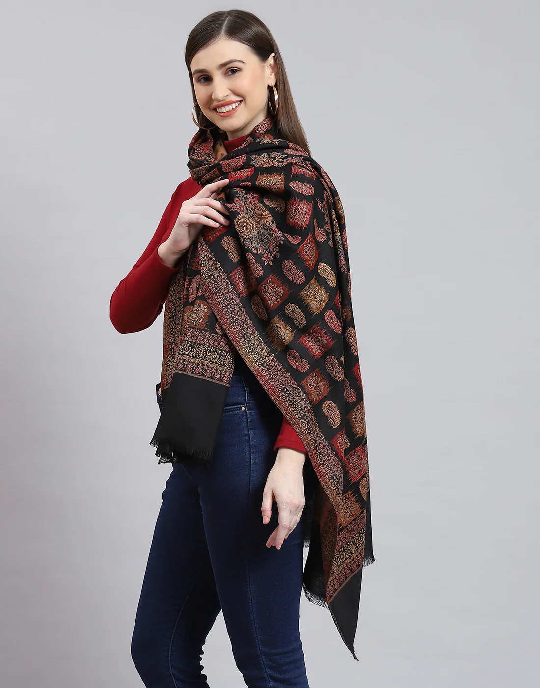 Women Black Self Design Shawl - Image 3
