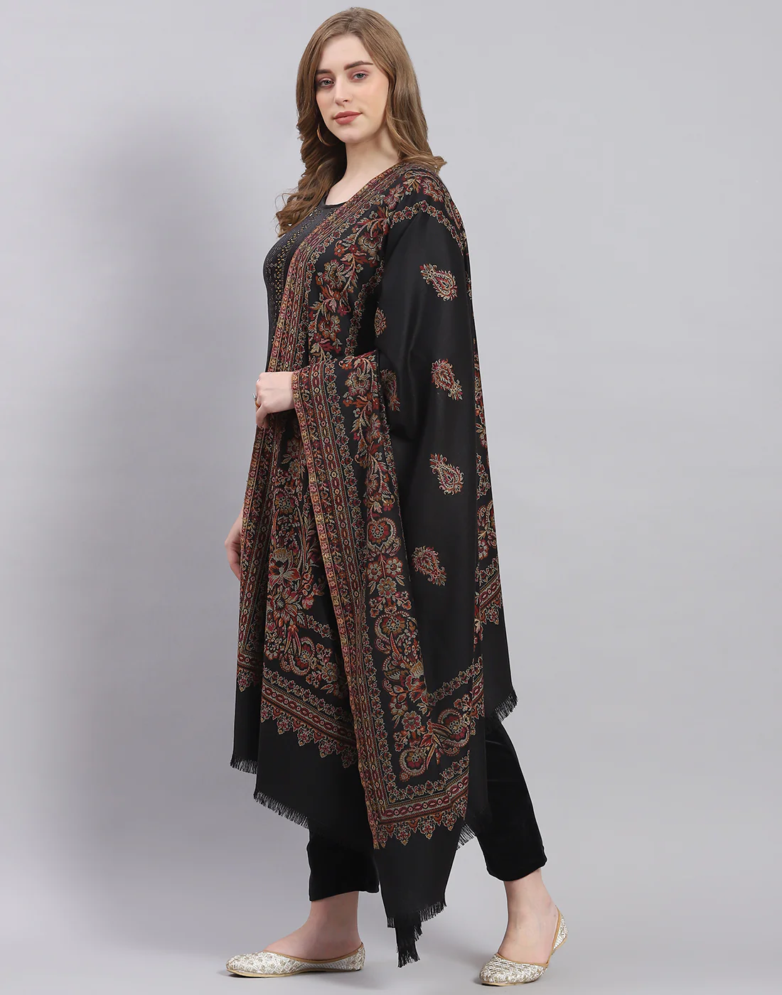 Women Black Self Design Shawl - Image 3