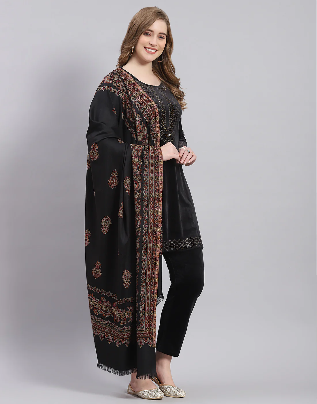 Women Black Self Design Shawl - Image 4