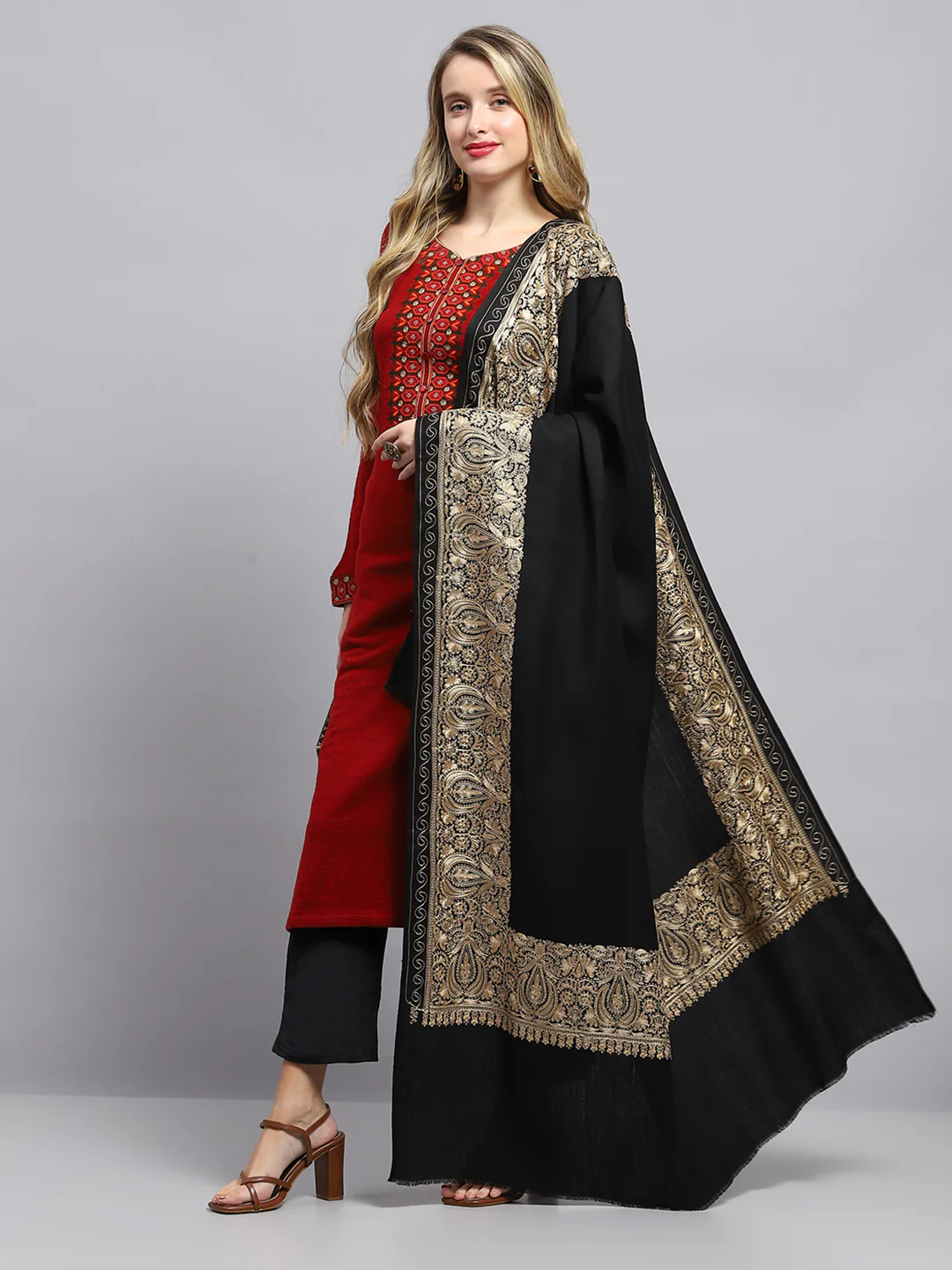Women Black Self Design Shawl - Image 3