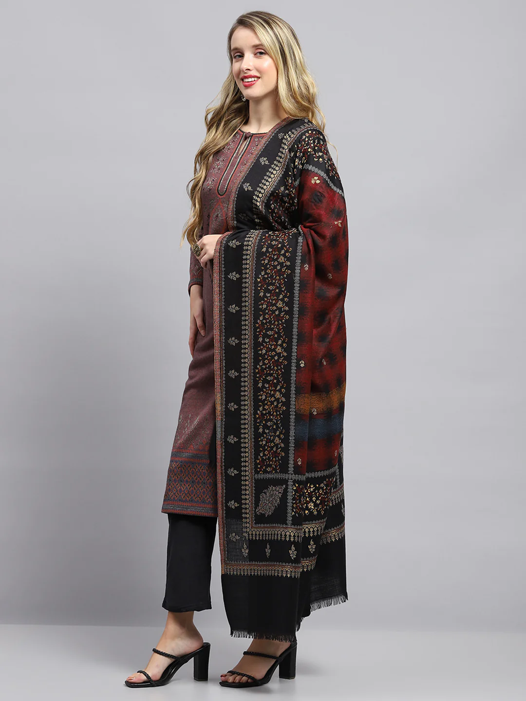Women Black Self Design Shawl - Image 3