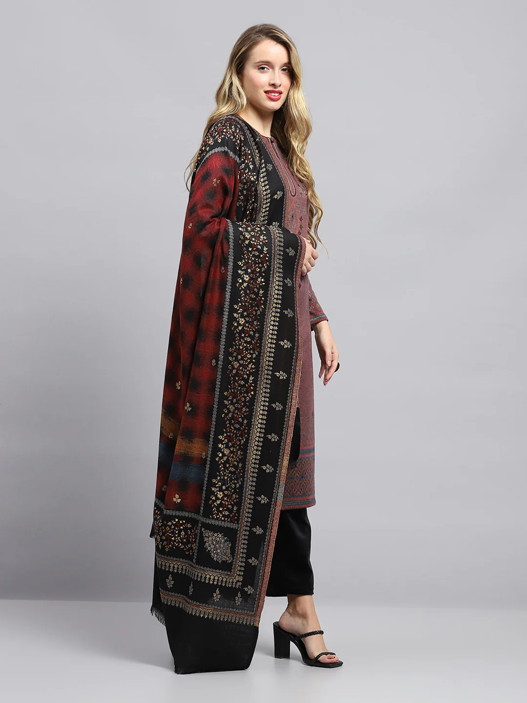 Women Black Self Design Shawl - Image 4