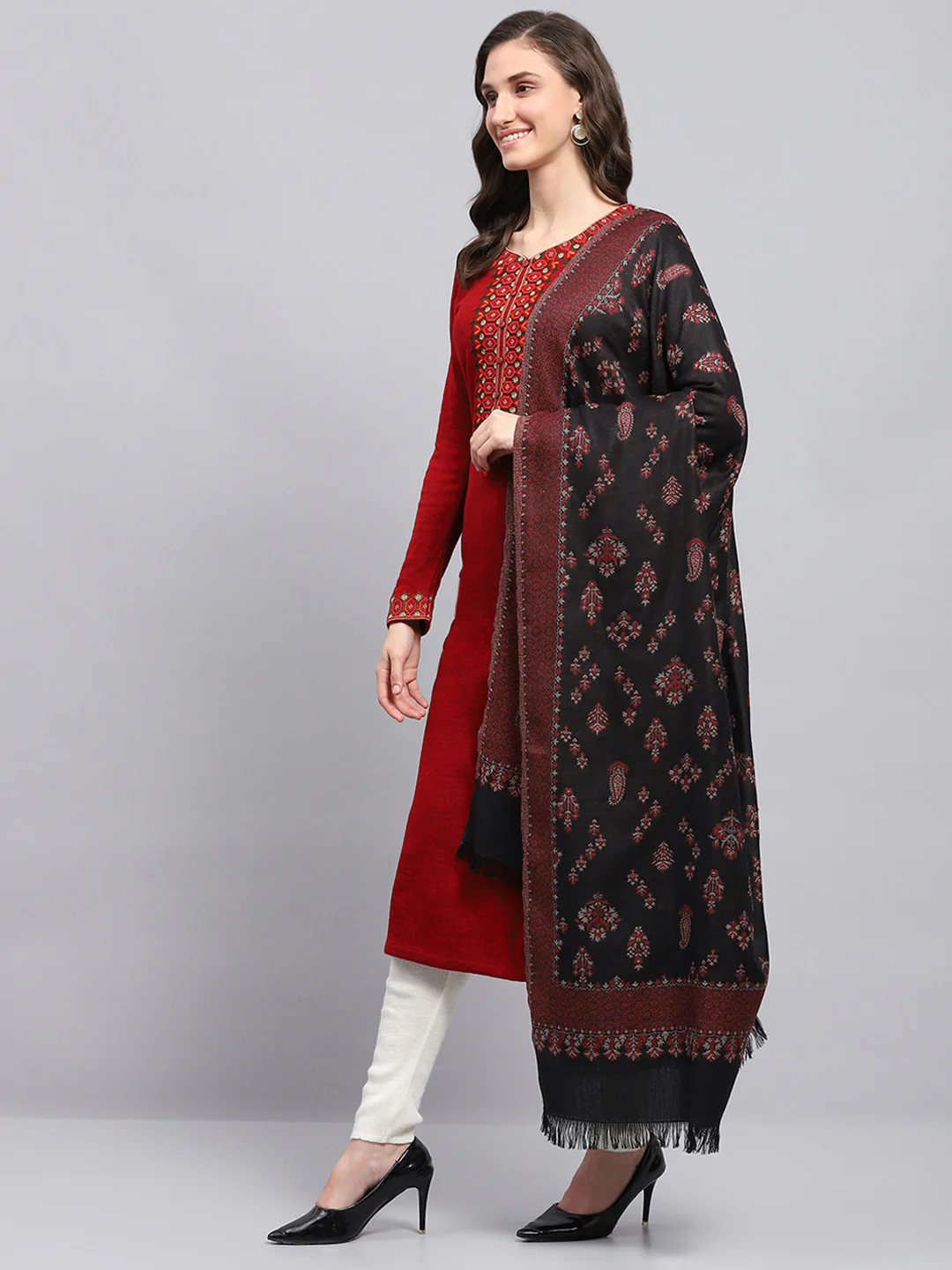 Women Black Self Design Shawl - Image 3