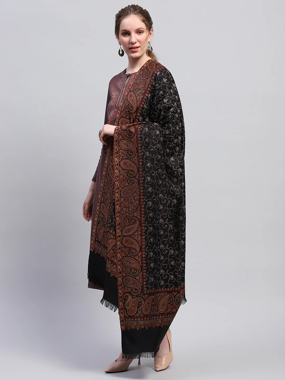 Women Black Self Design Shawl - Image 3
