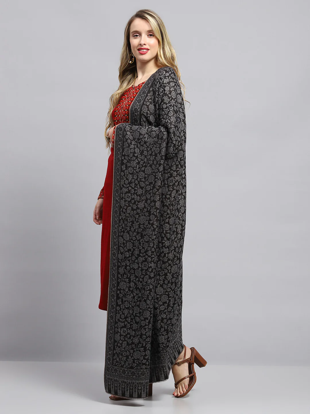 Women Black Self Design Shawl - Image 3