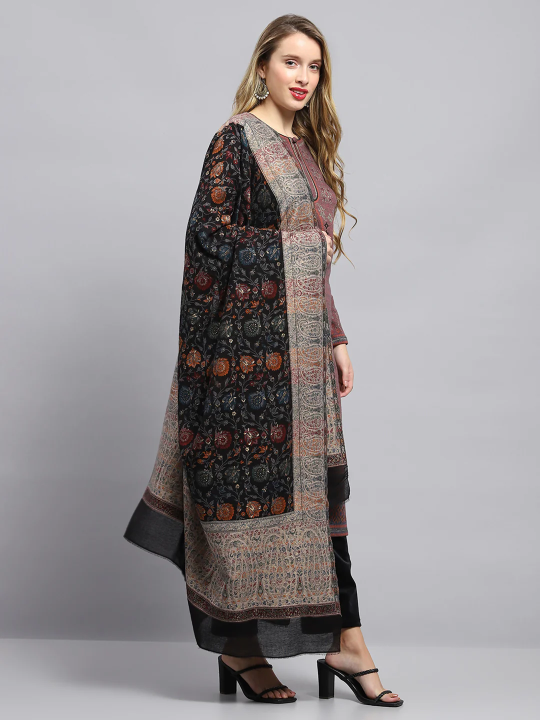 Women Black Self Design Shawl - Image 4