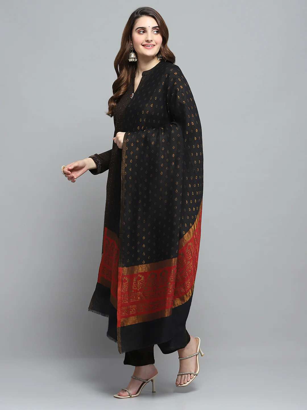 Women Black Self Design Shawl - Image 3