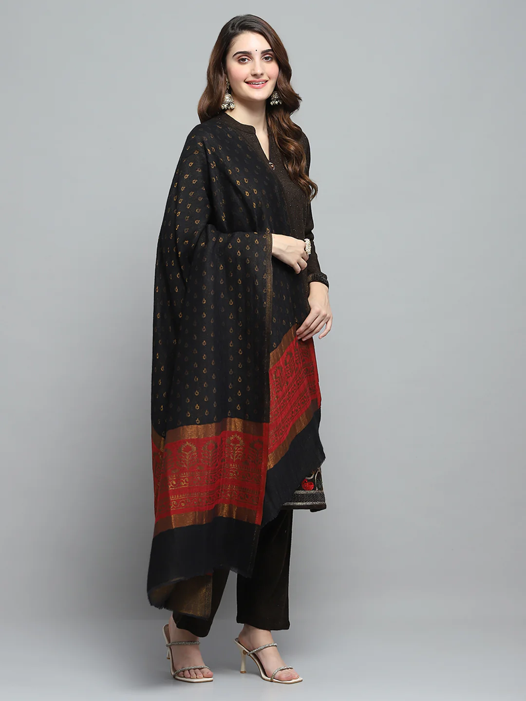 Women Black Self Design Shawl - Image 4