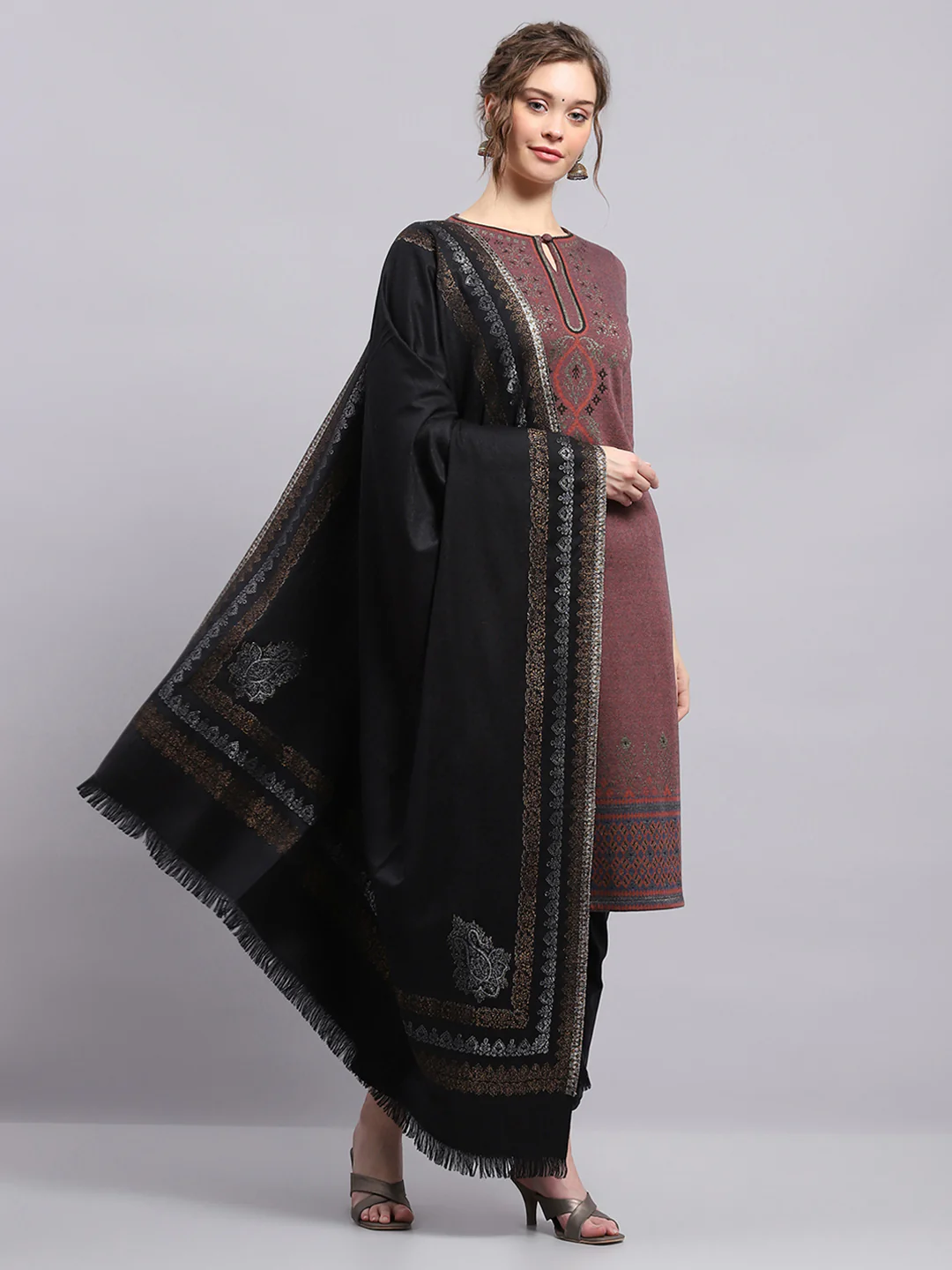 Women Black Self Design Shawl - Image 4