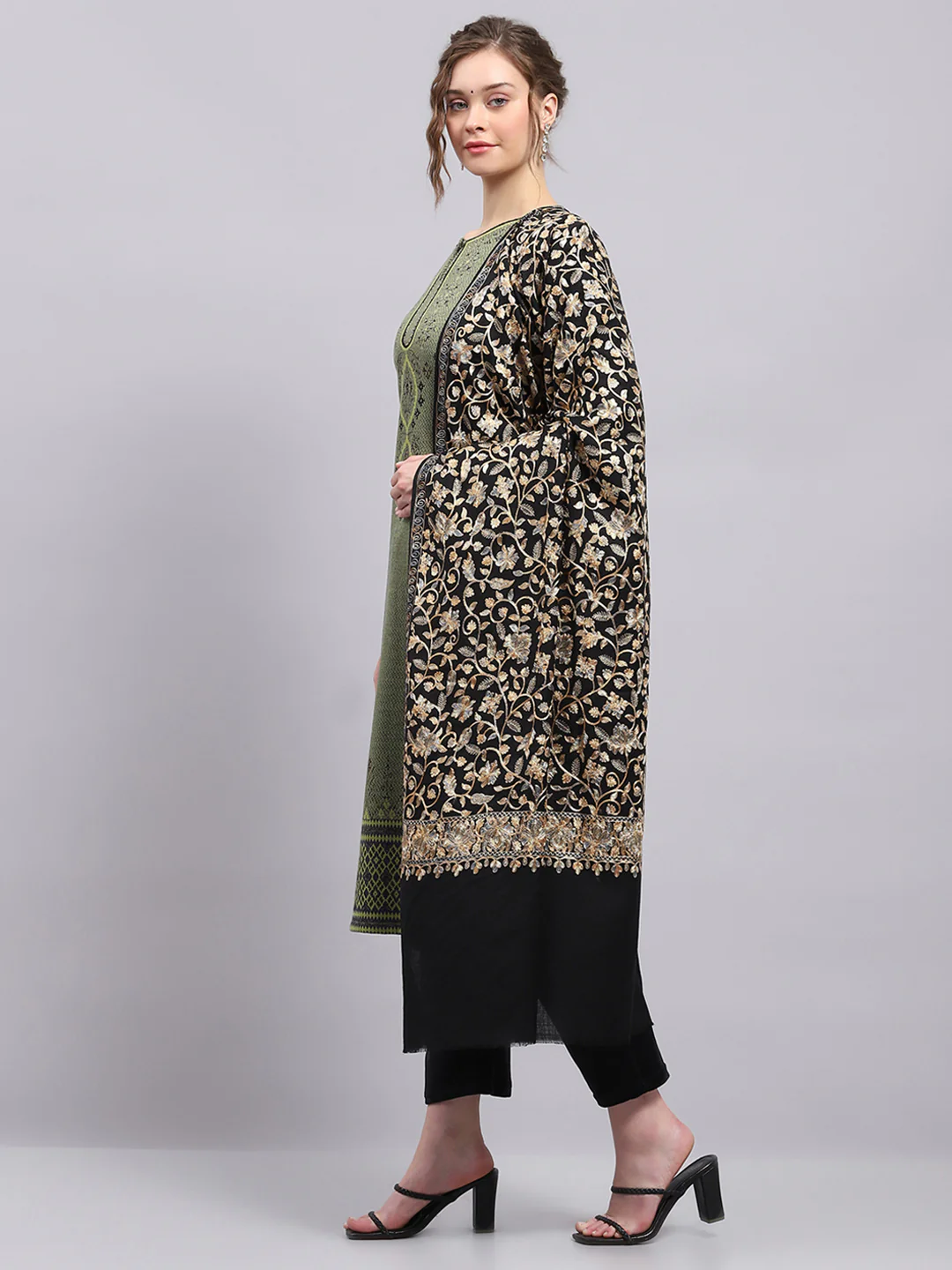 Women Black Self Design Shawl - Image 3