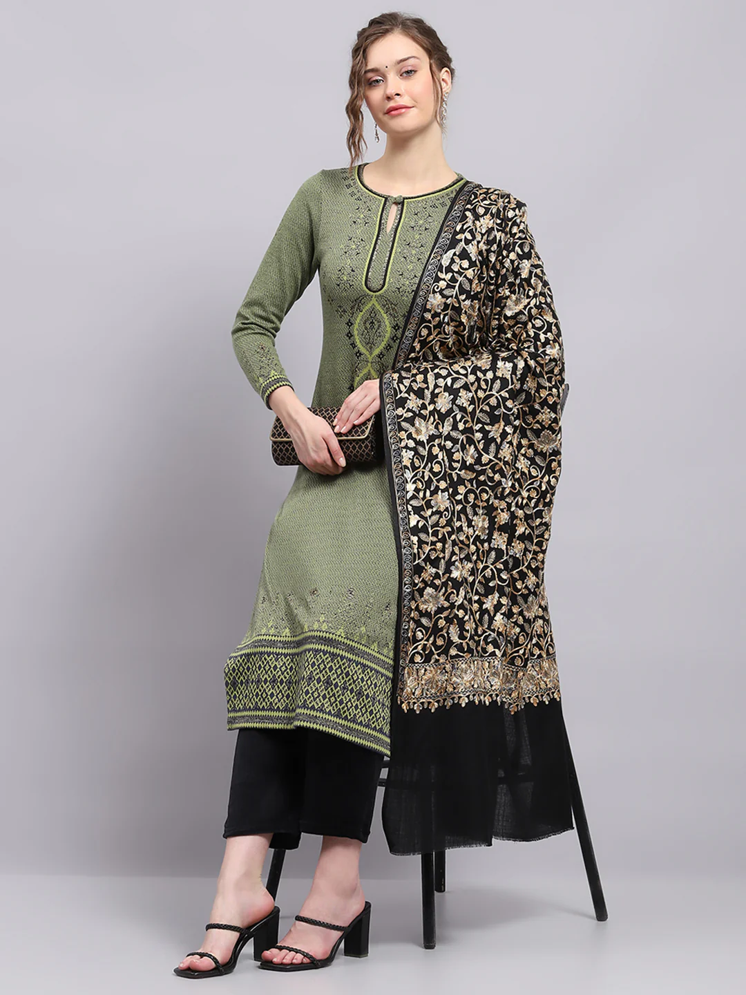 Women Black Self Design Shawl - Image 5
