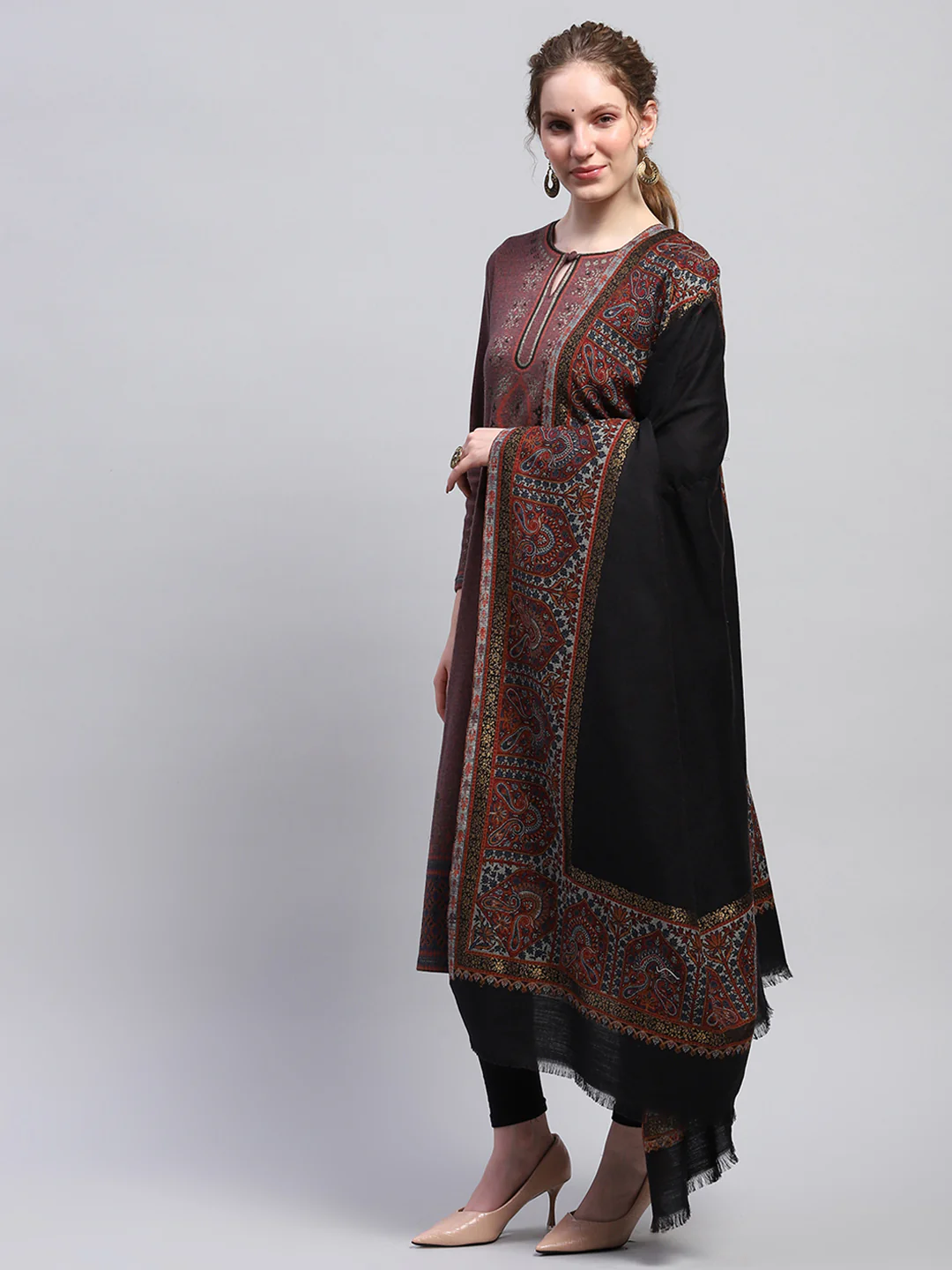 Women Black Self Design Shawl - Image 3