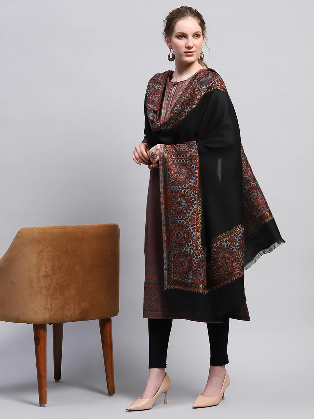 Women Black Self Design Shawl - Image 5