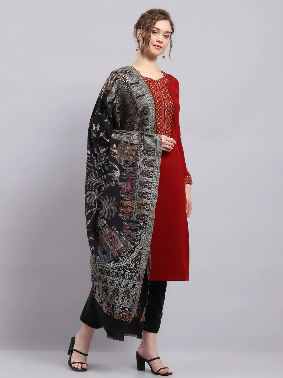 Women Black Self Design Shawl - Image 4