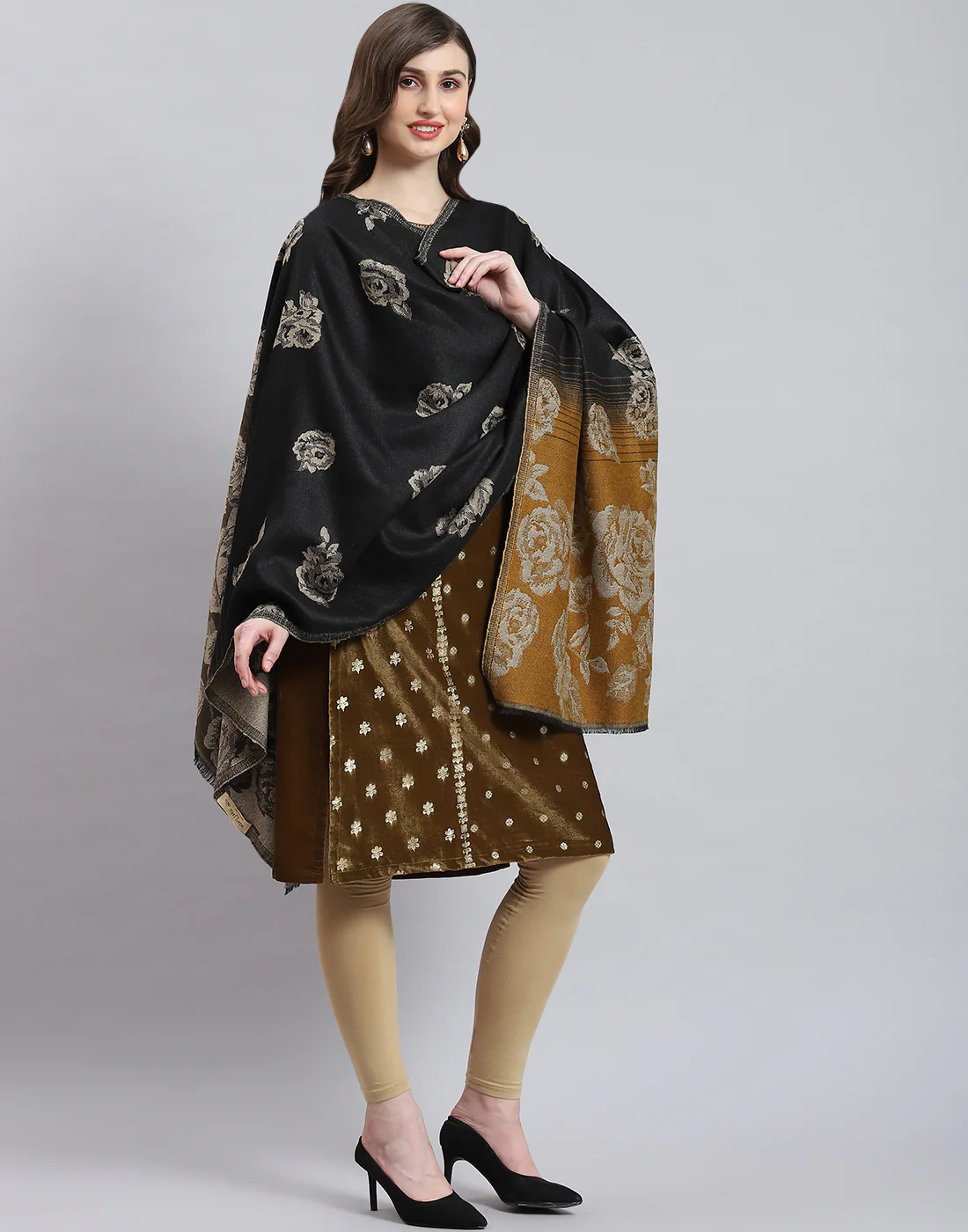Women Black Self Design Stole - Image 4