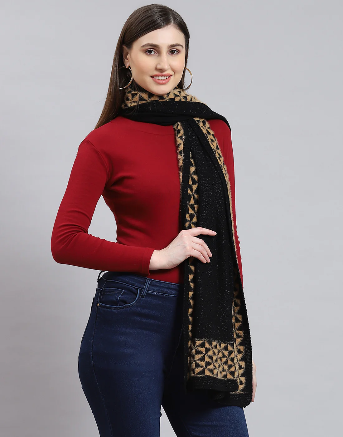Women Black Self Design Stole - Image 5