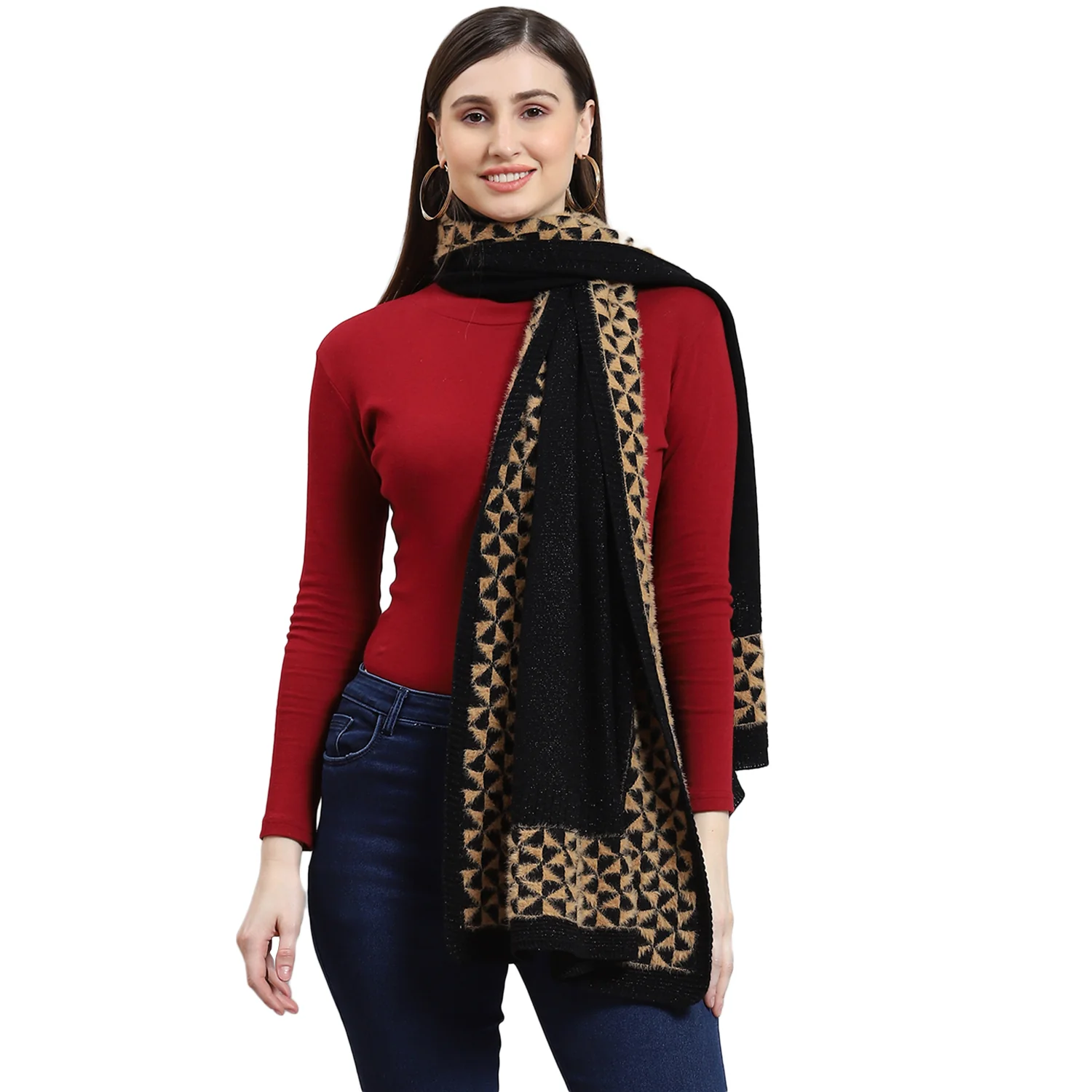 Women Black Self Design Stole - Image 6