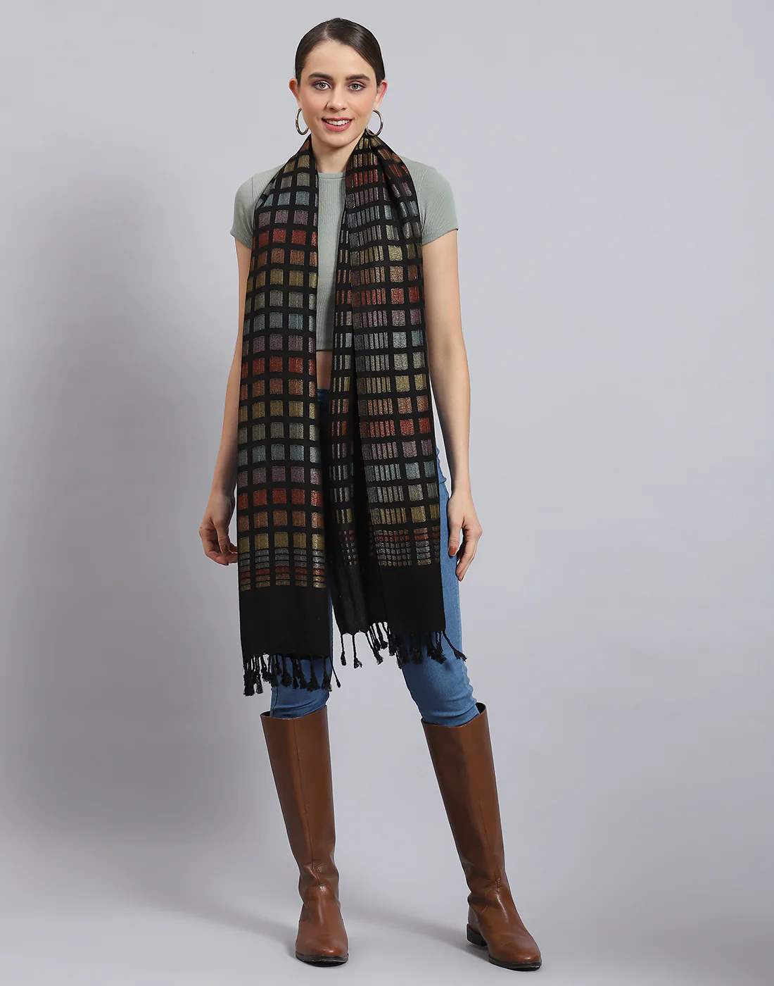 Women Black Self Design Stole - Image 6