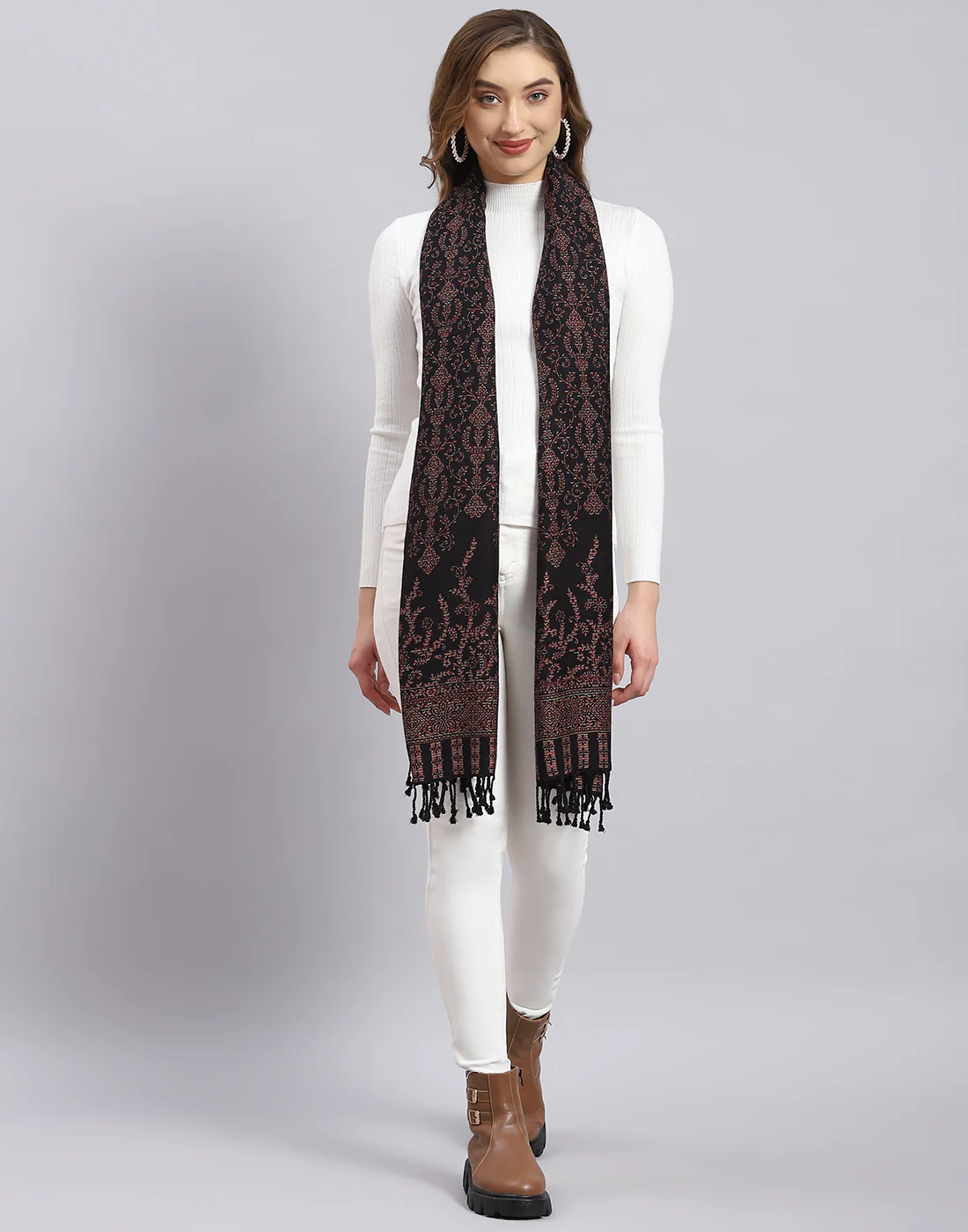 Women Black Self Design Stole - Image 2
