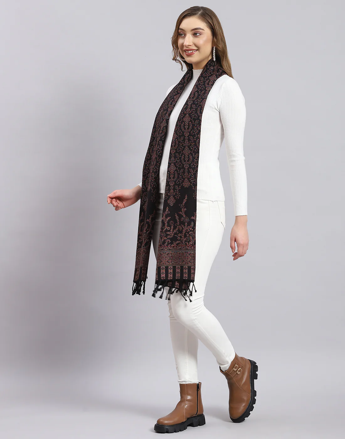 Women Black Self Design Stole - Image 3