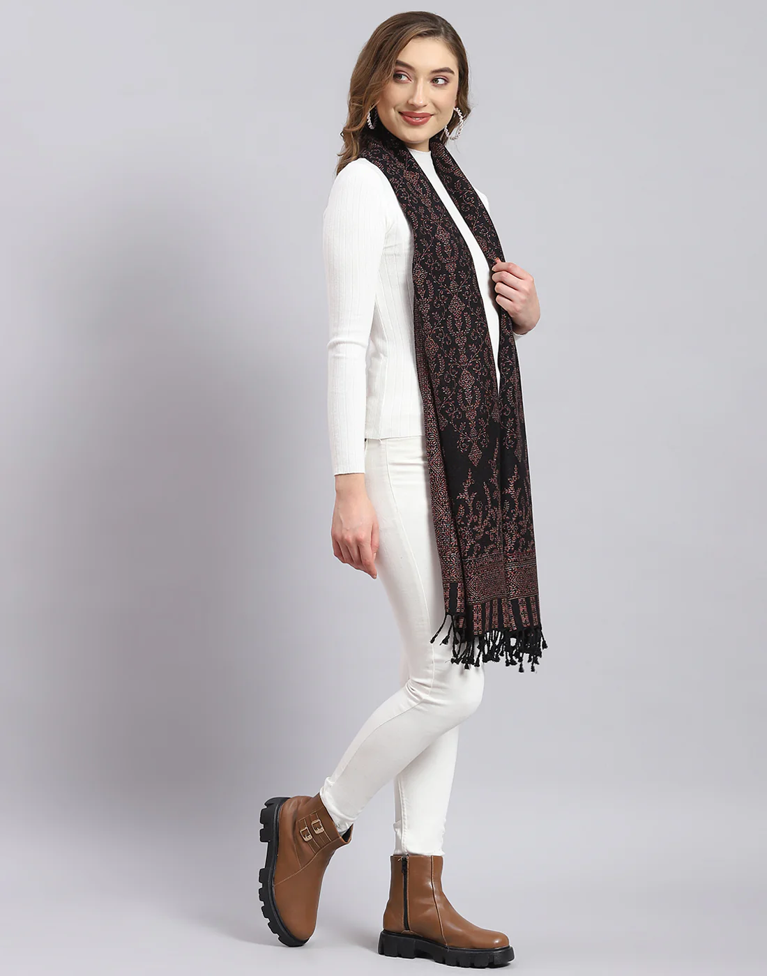 Women Black Self Design Stole - Image 4