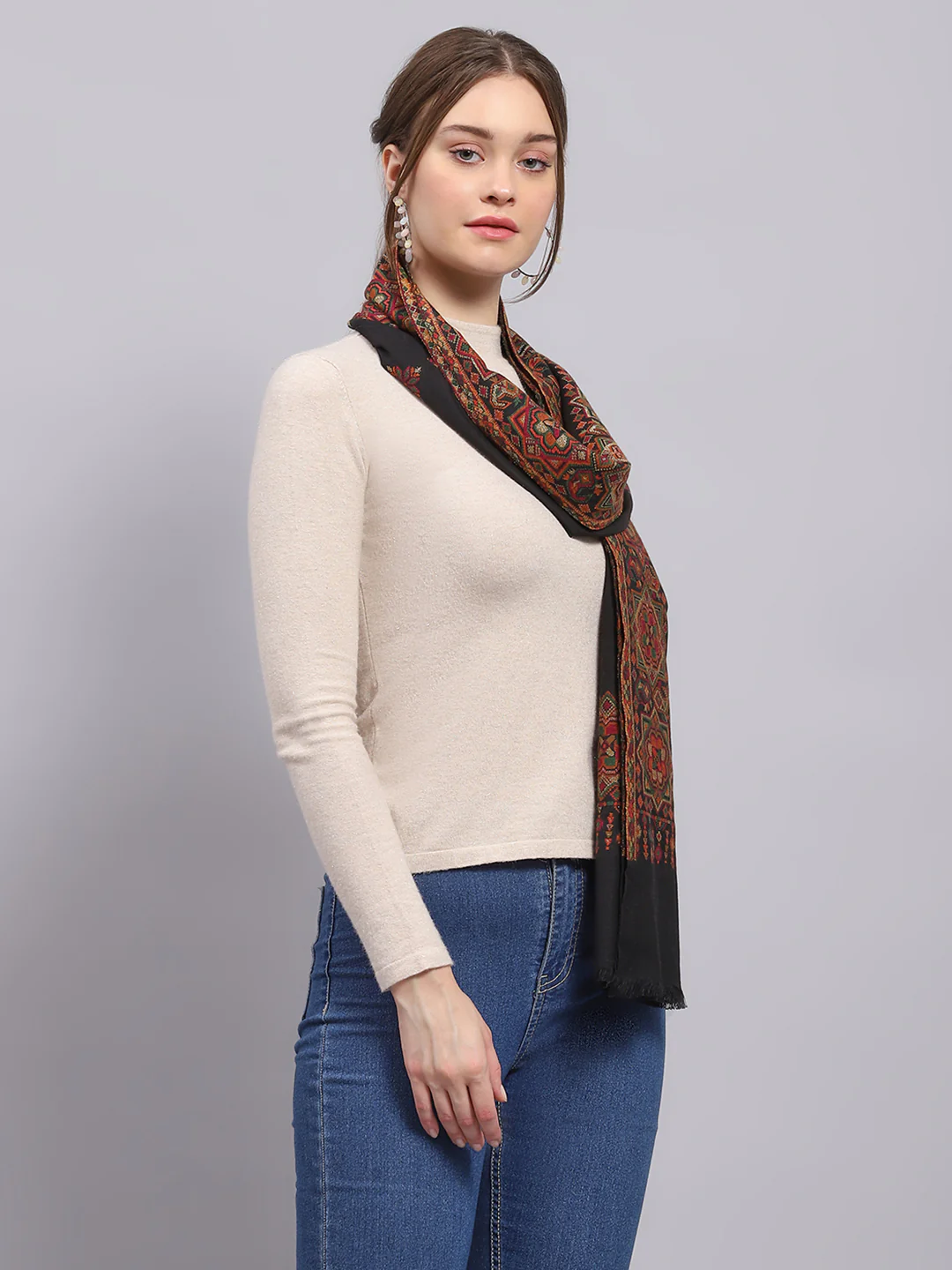 Women Black Self Design Stole - Image 5