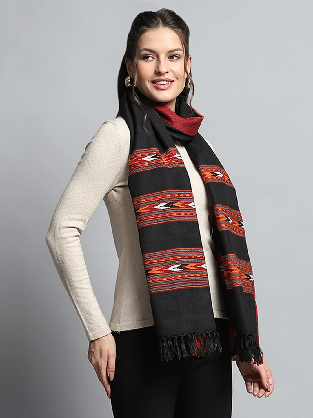 Women Black Self Design Stole - Image 4