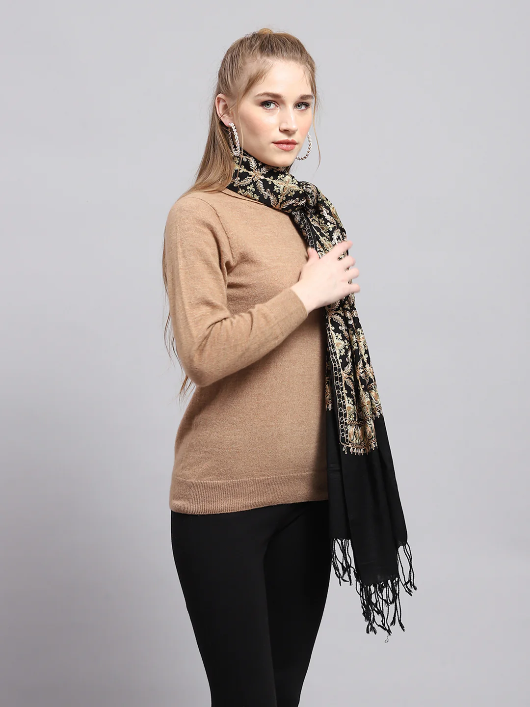 Women Black Self Design Stole - Image 5