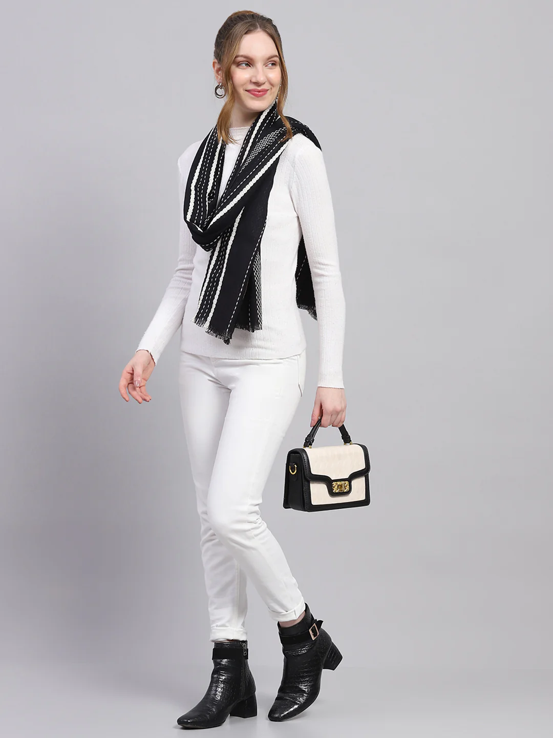 Women Black Self Design Stole - Image 2