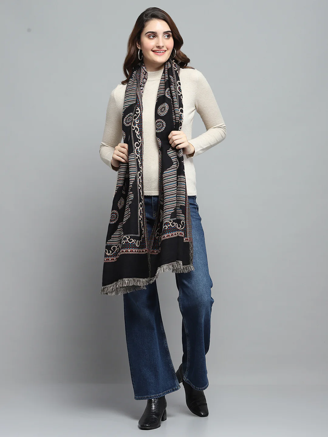Women Black Self Design Stole - Image 5