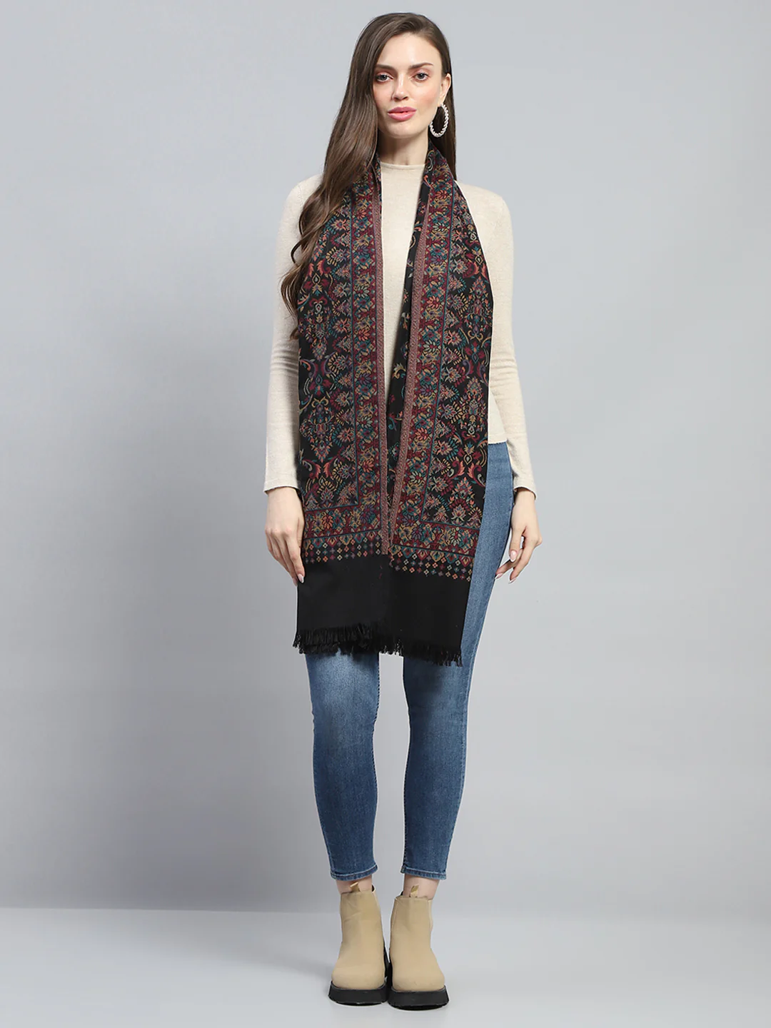 Women Black Self Design Stole - Image 5