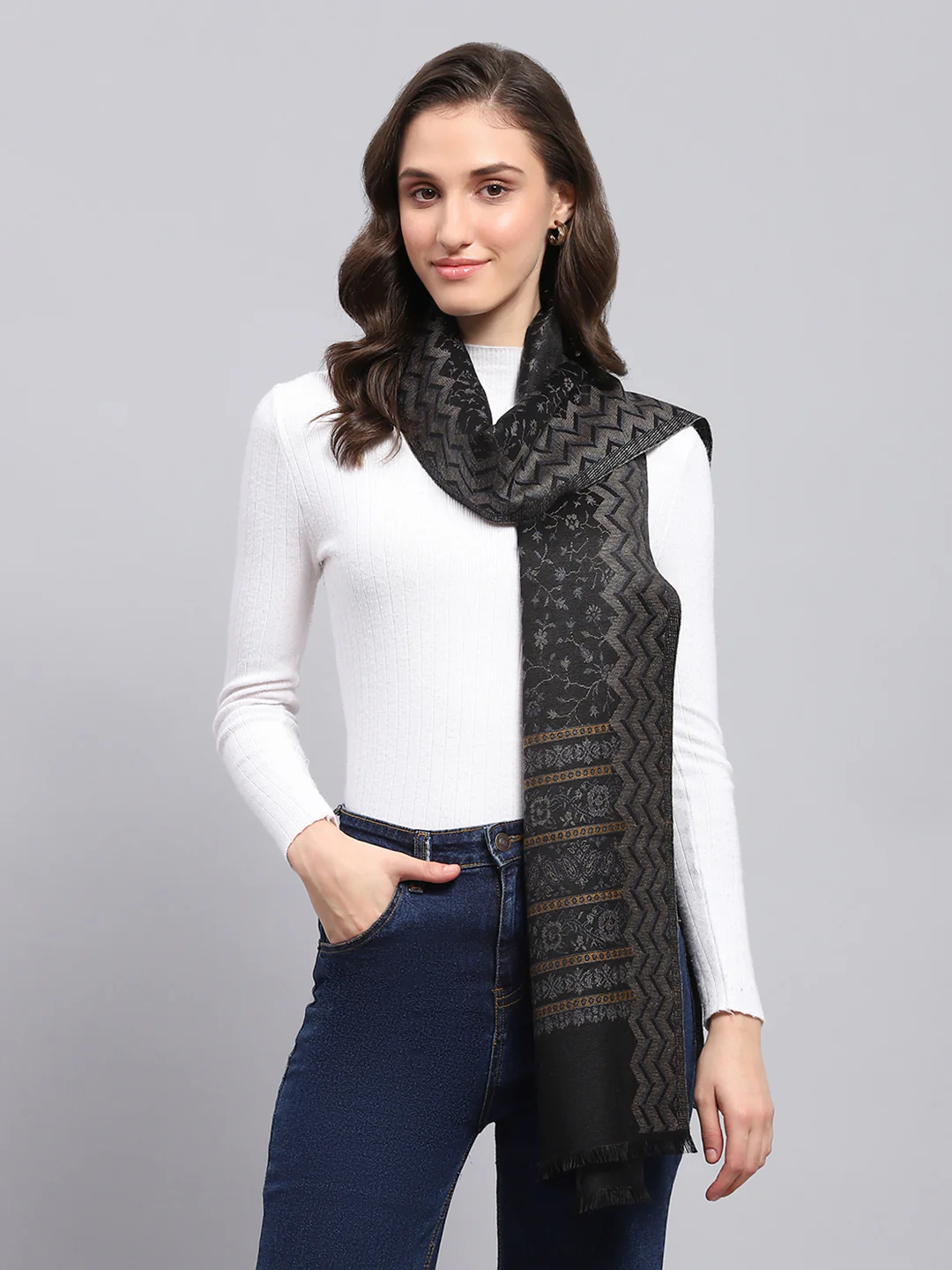 Women Black Self Design Stole - Image 3