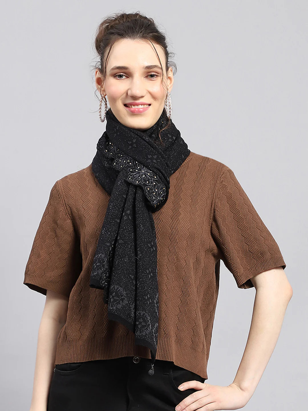 Women Black Self Design Stole - Image 3