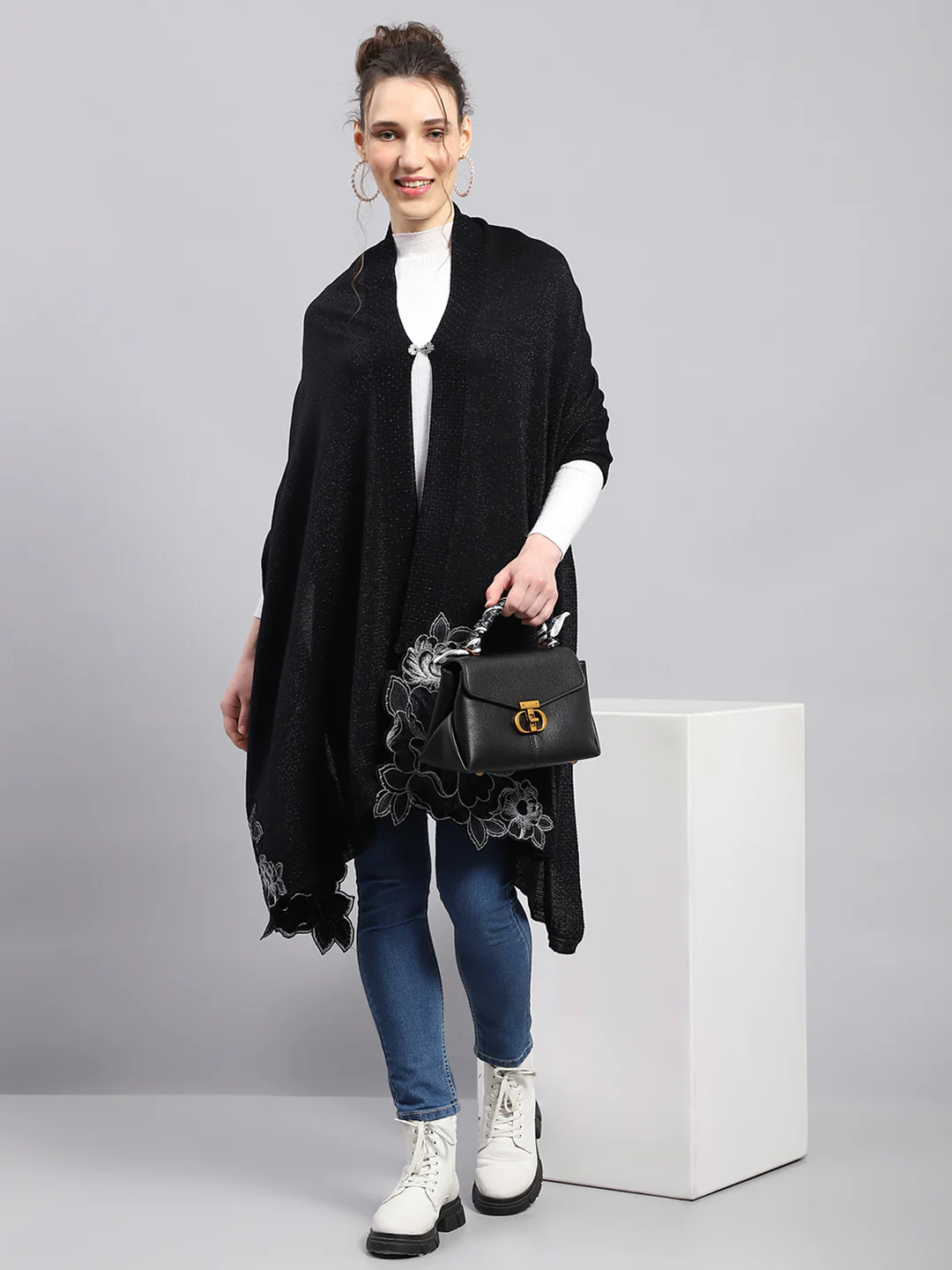 Women Black Self Design Stole - Image 2