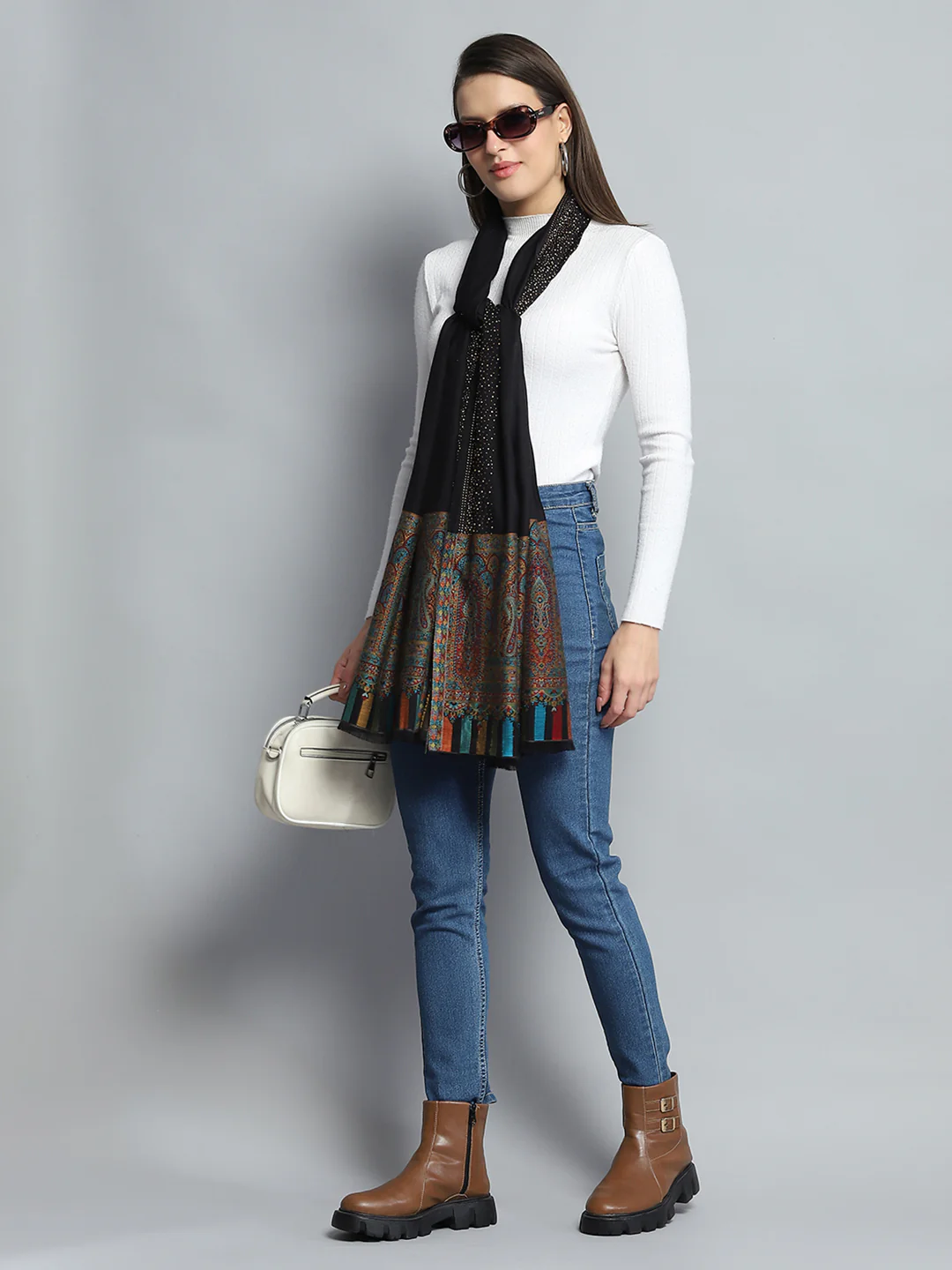 Women Black Self Design Stole - Image 2