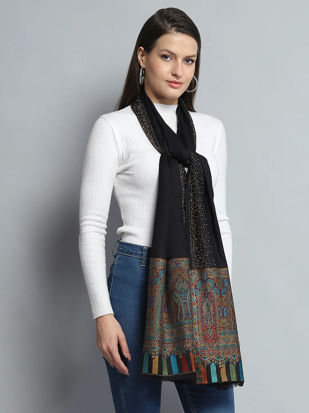 Women Black Self Design Stole - Image 5