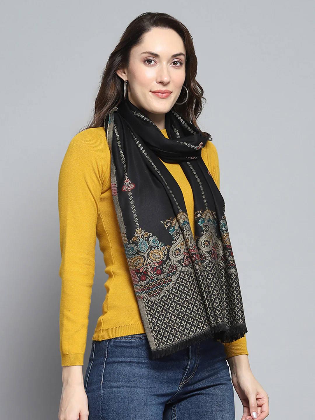 Women Black Self Design Stole - Image 4