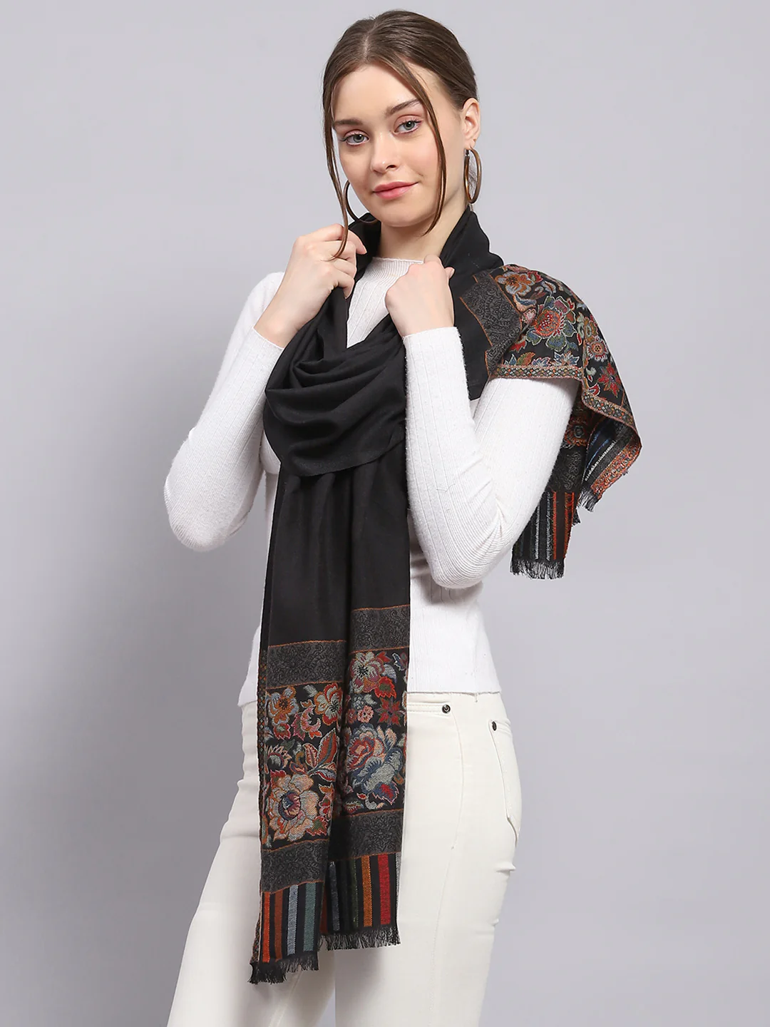 Women Black Self Design Stole - Image 4