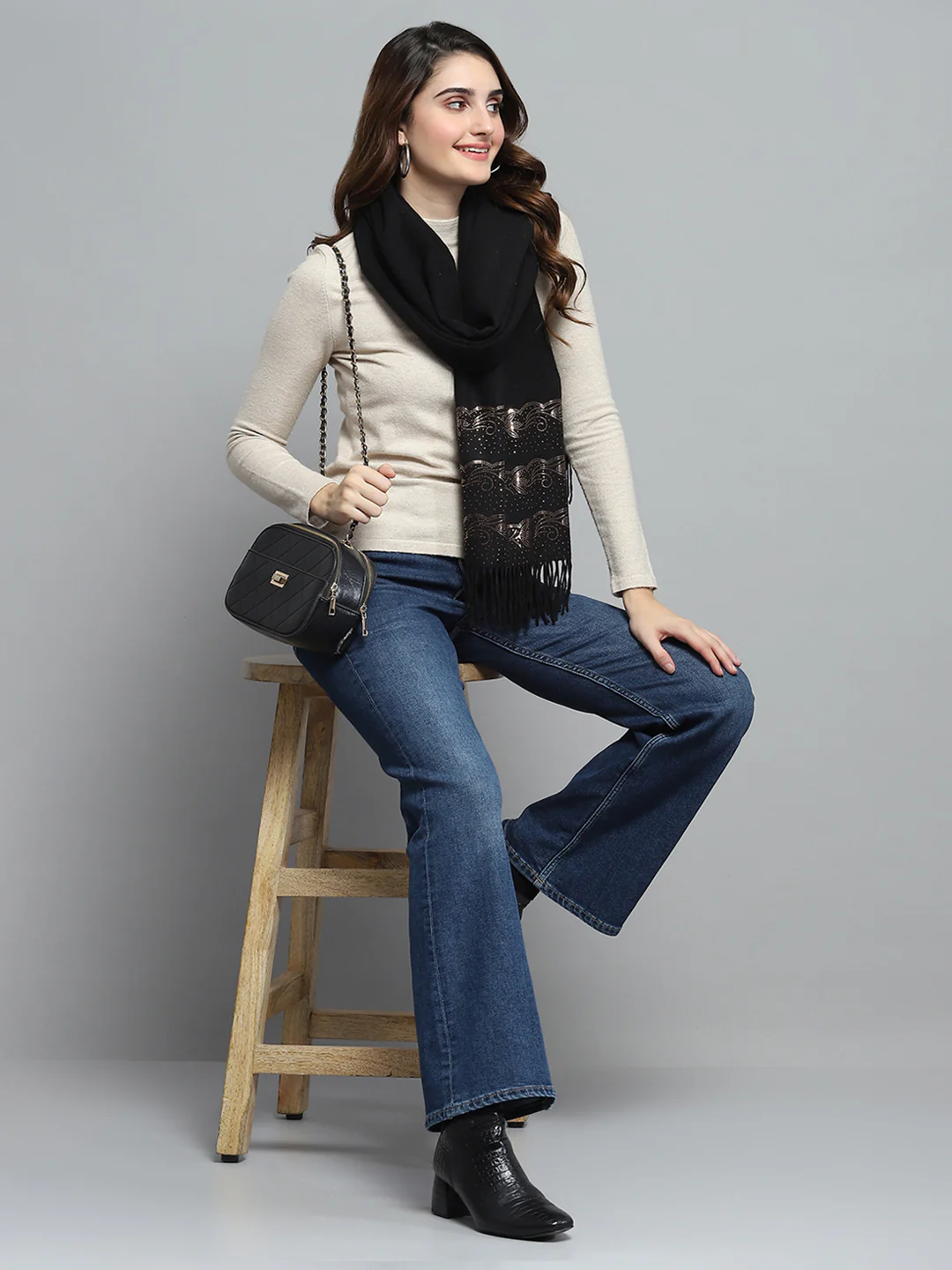 Women Black Self Design Stole - Image 2