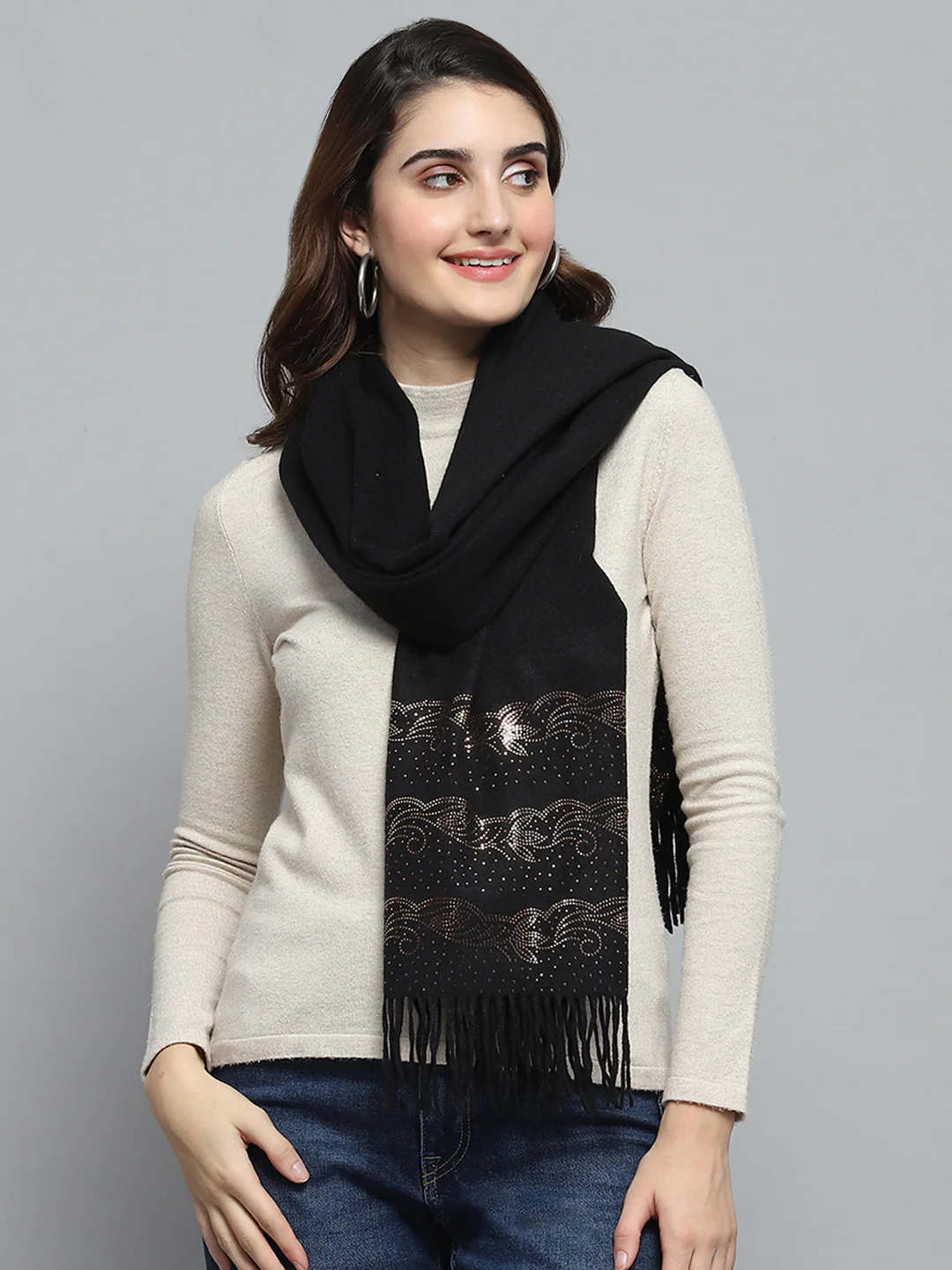 Women Black Self Design Stole - Image 5