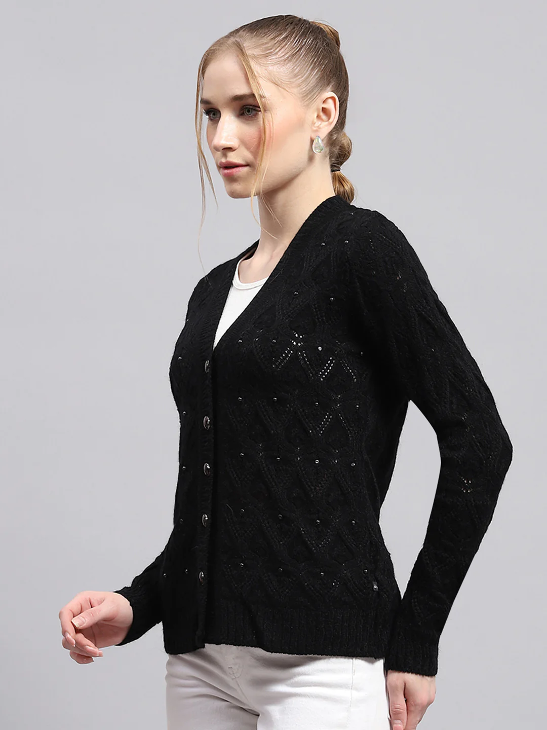 Women Black Self Design V Neck Full Sleeve Cardigan - Image 3