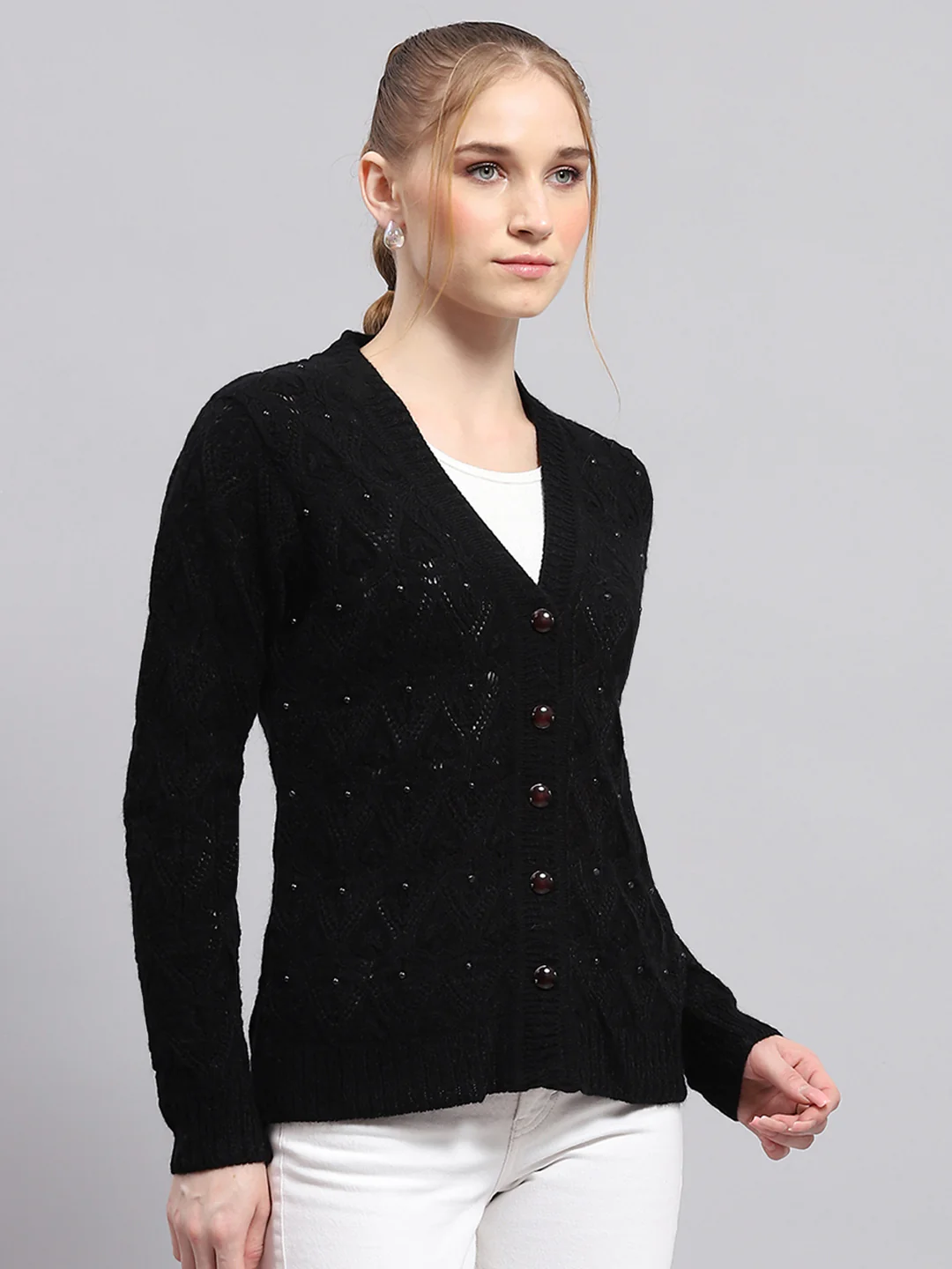 Women Black Self Design V Neck Full Sleeve Cardigan - Image 4