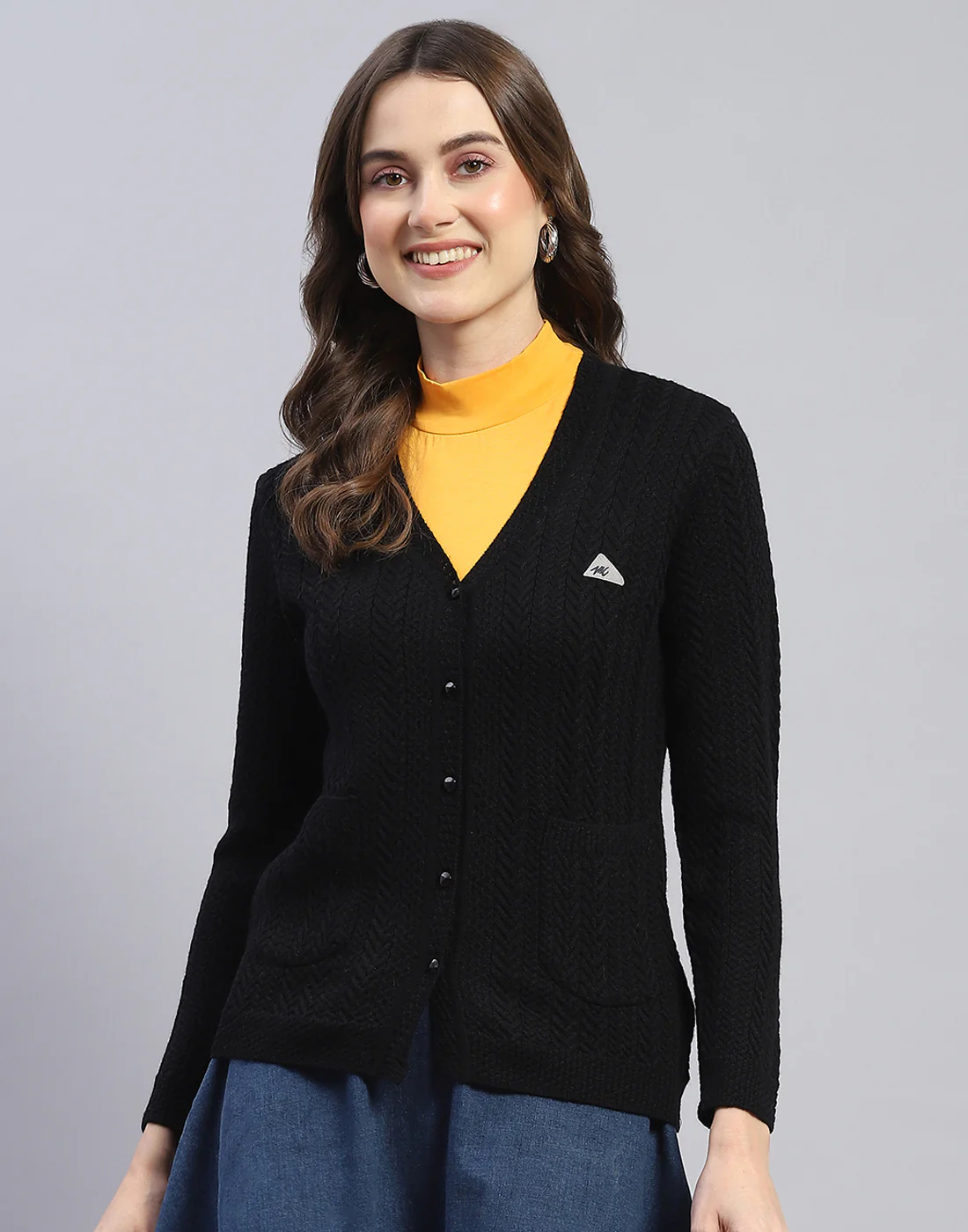 Women Black Self Design V Neck Full Sleeve Cardigan - Image 2