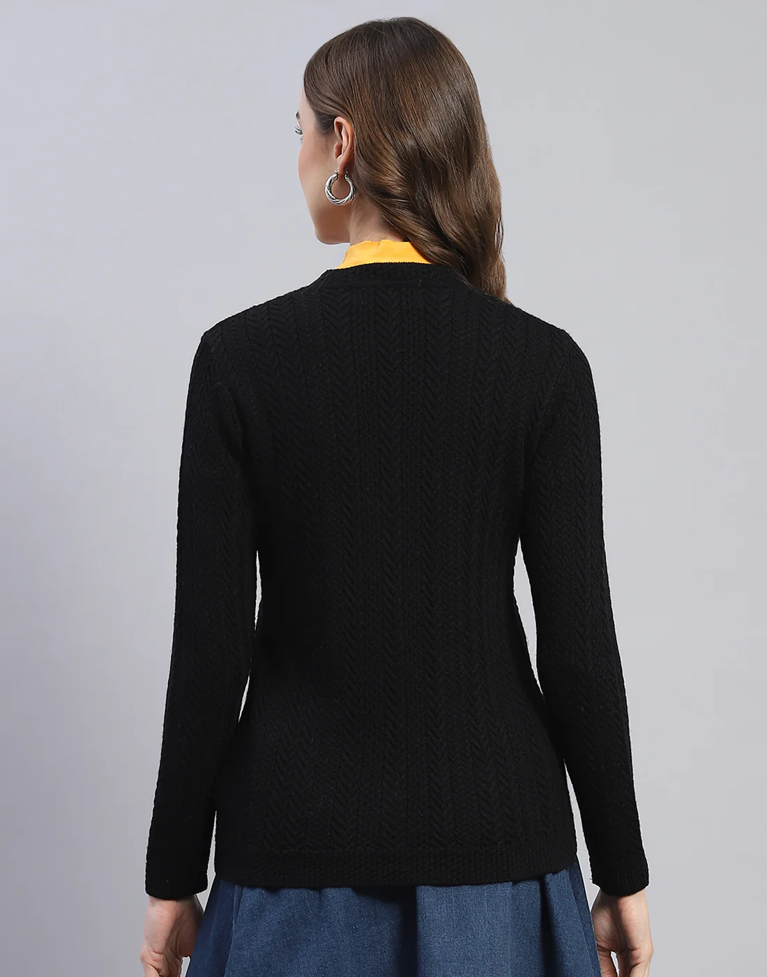 Women Black Self Design V Neck Full Sleeve Cardigan - Image 5