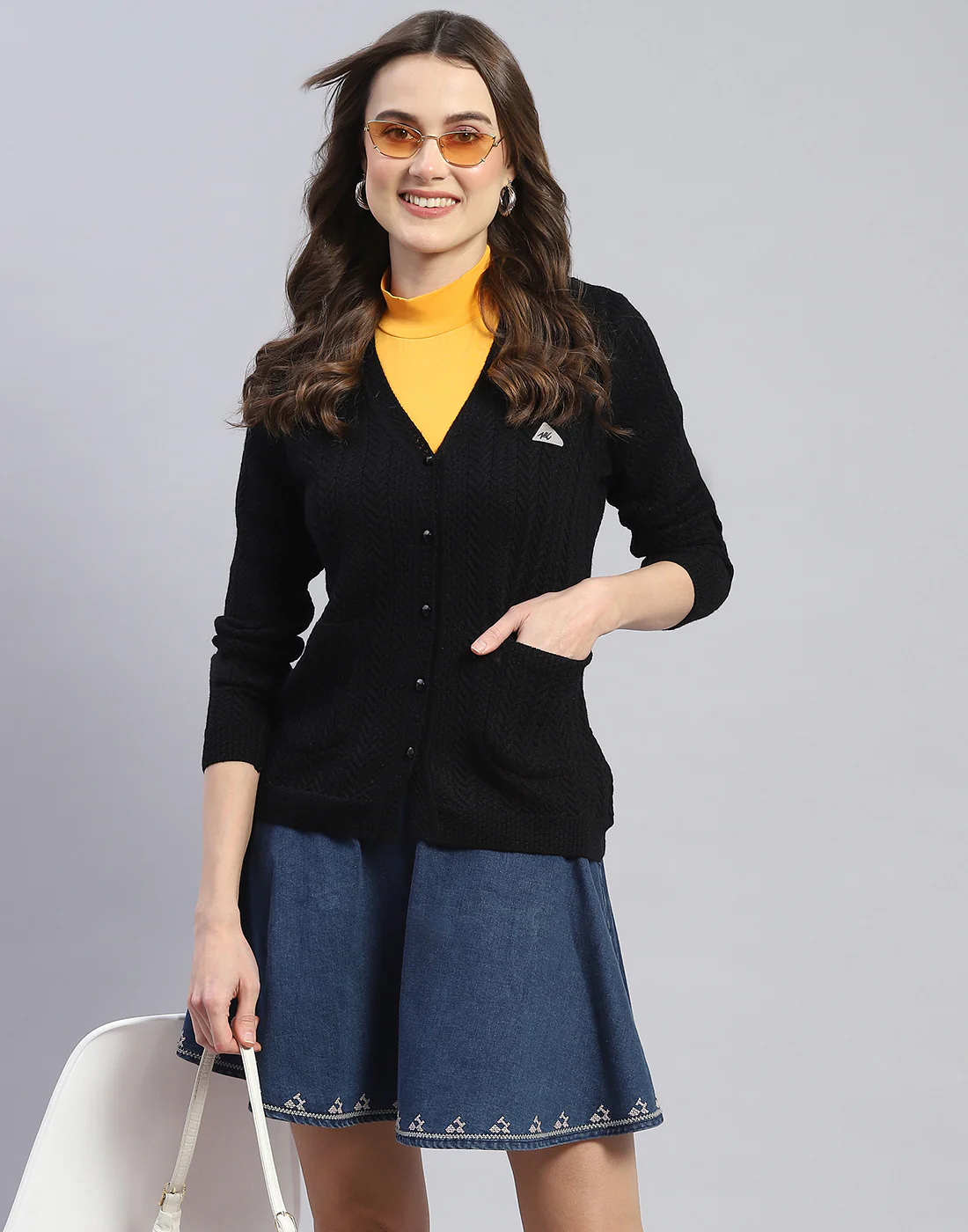 Women Black Self Design V Neck Full Sleeve Cardigan - Image 6
