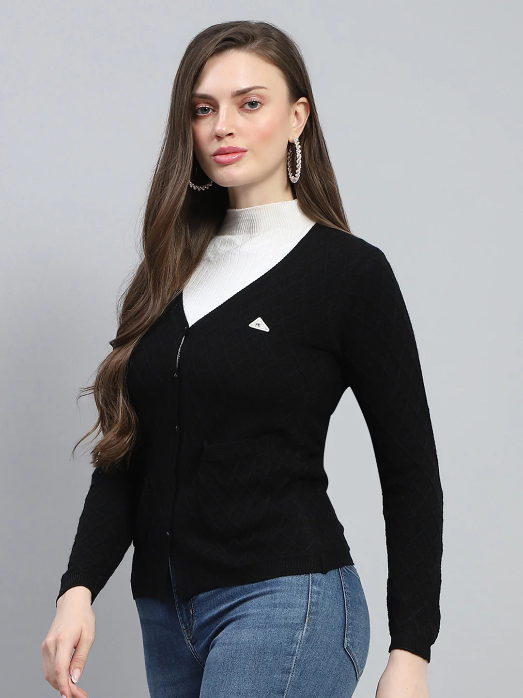 Women Black Self Design V Neck Full Sleeve Cardigan - Image 3